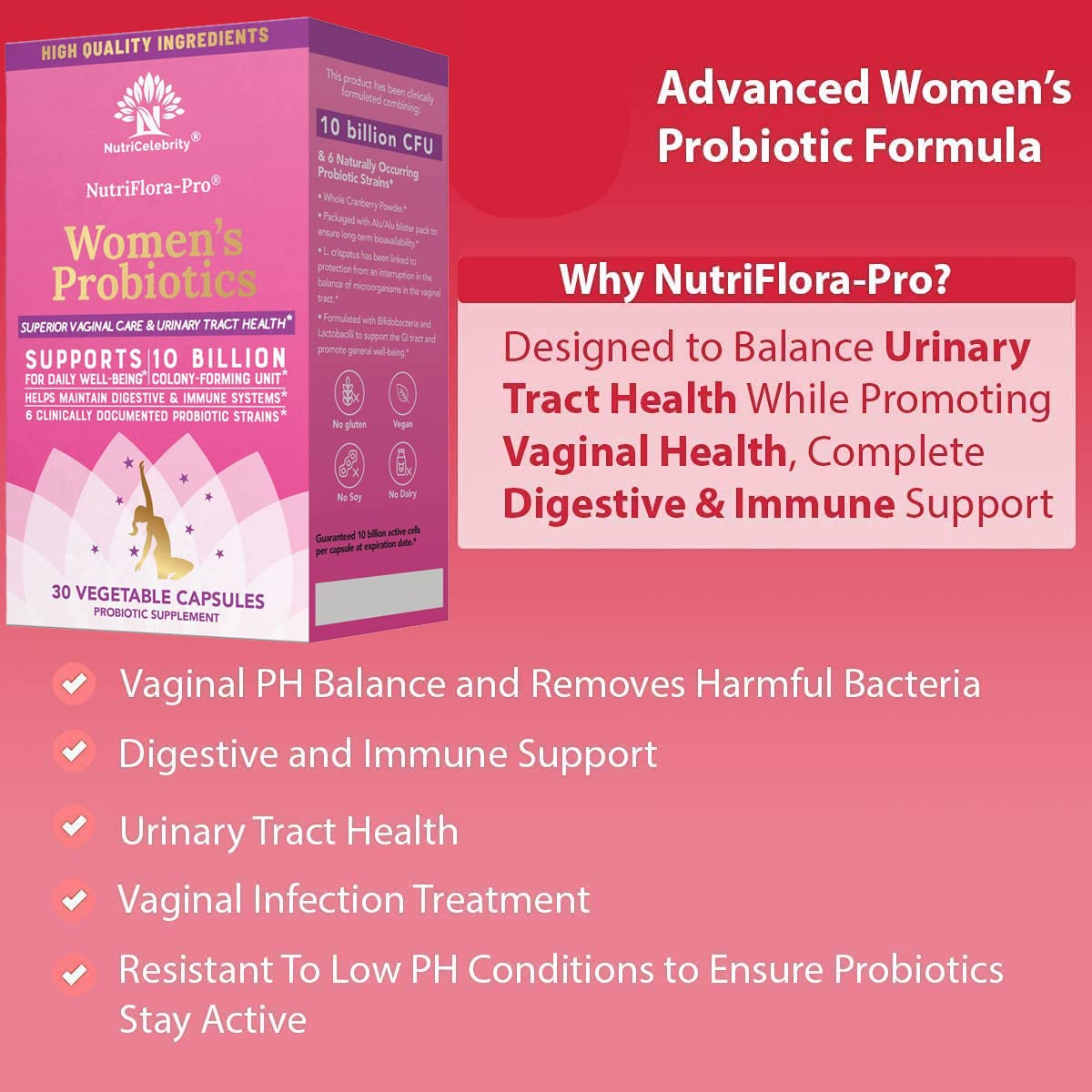 NutriCelebrity NutriFlora-Pro Probiotics for Women, Vaginal, Urinary Health, Immune System Digestive