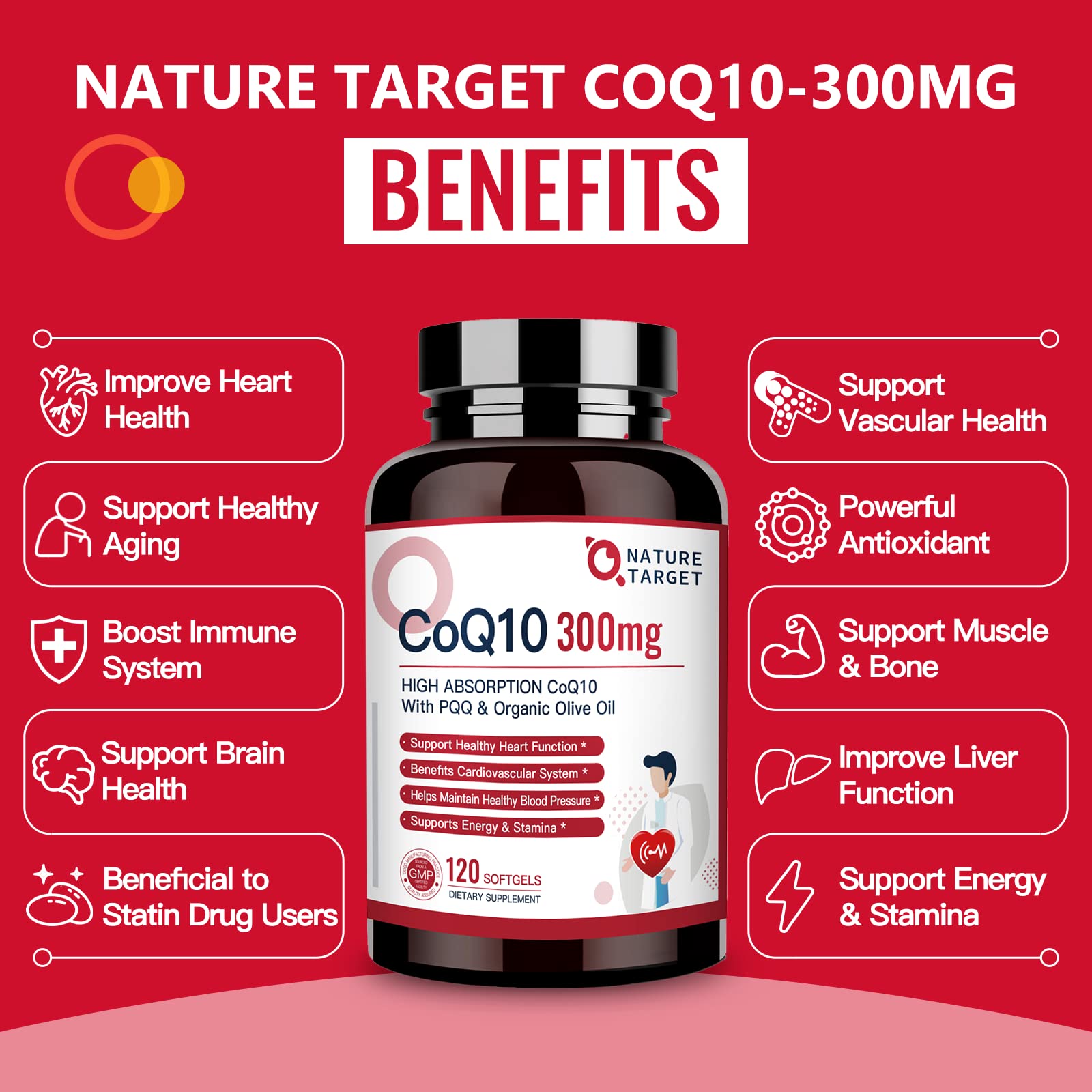 NATURE TARGET CoQ10-300mg-Softgels + PQQ with Organic-Olive-Oil - High Absorption
