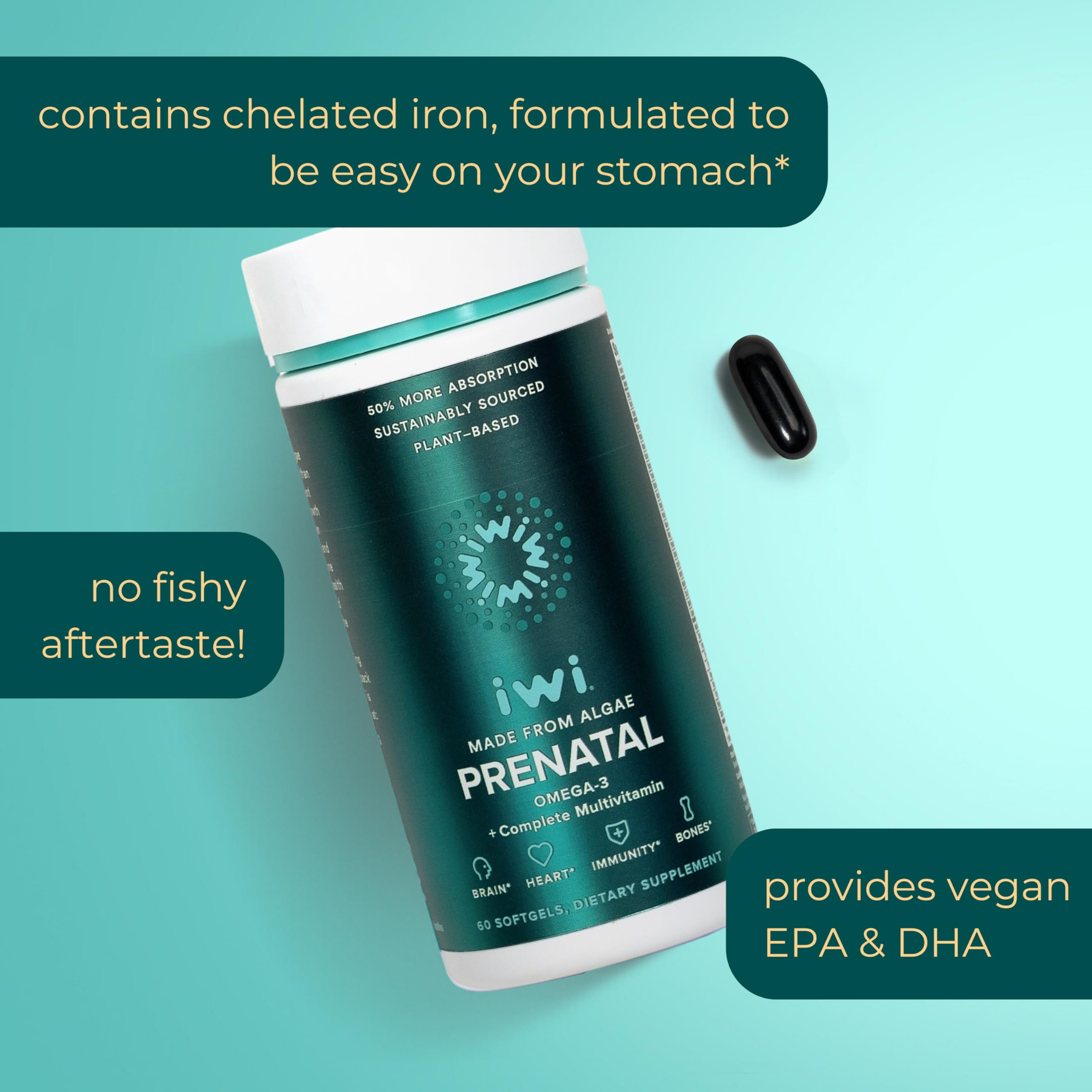 Iwi Life Prenatal Multivitamin, 60 Softgels (30 Servings), Vegan, Plant-Based Algae Omega 3