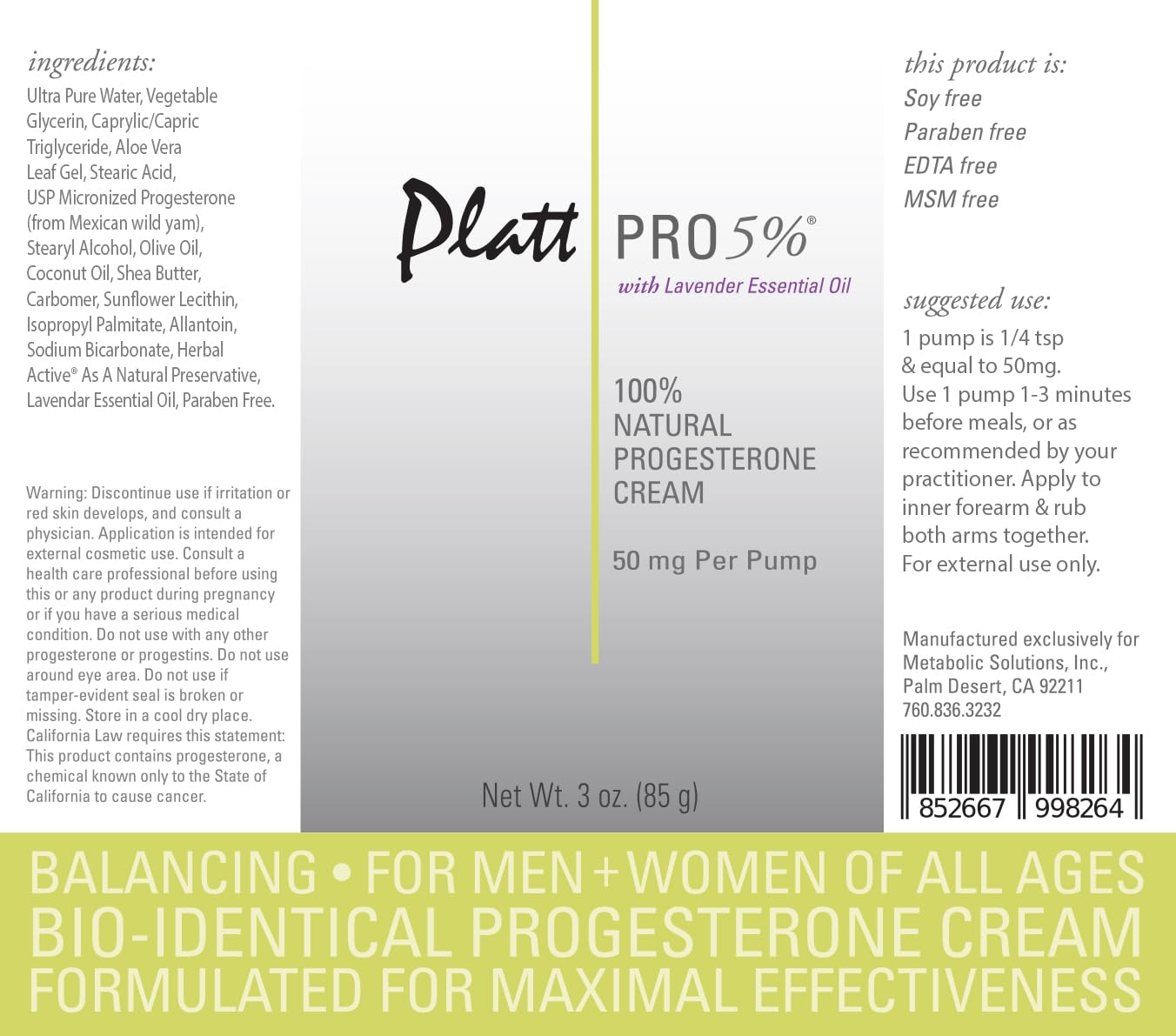 Platt PRO 5% Dr. Platt's All Natural & Bio-Identical Progesterone Cream 50mg Strength