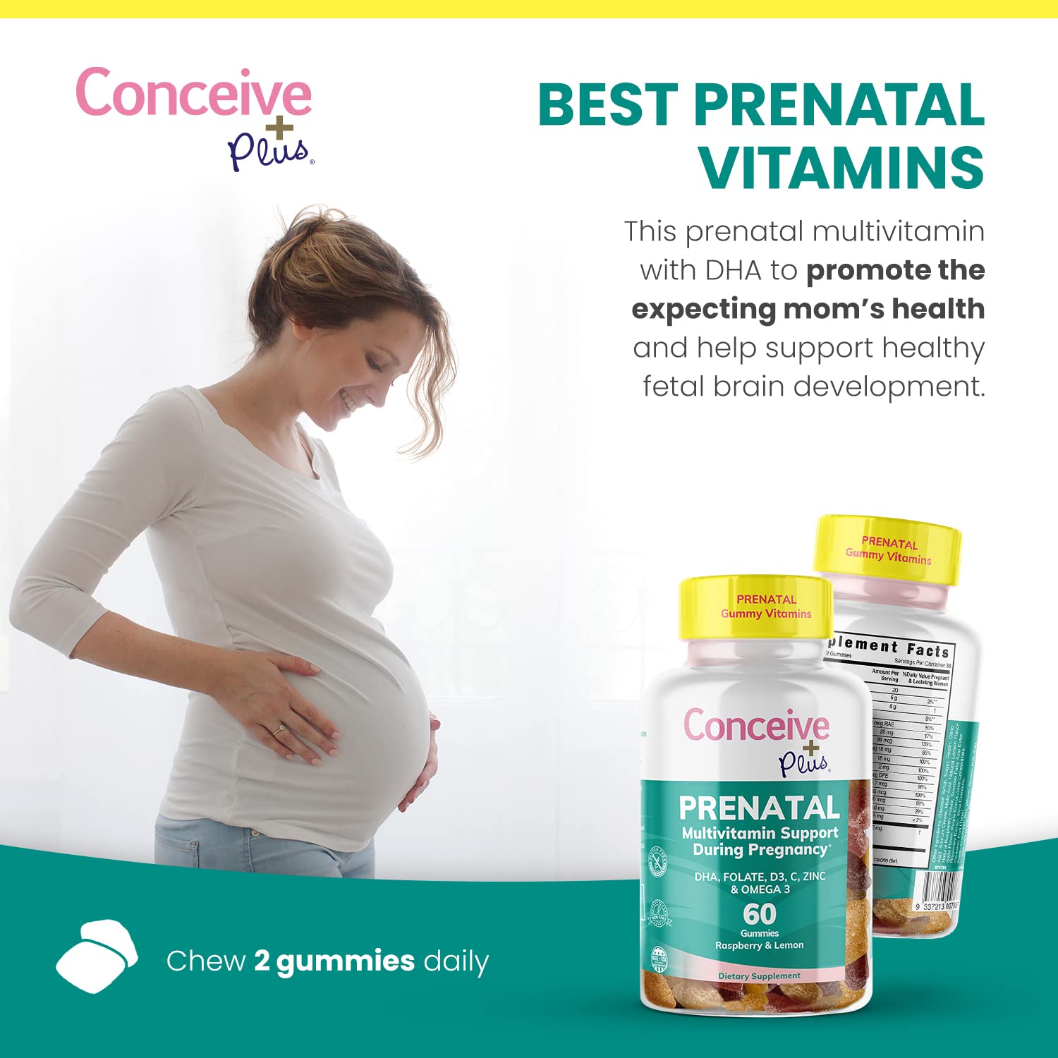 CONCEIVE PLUS Prenatal Gummies - DHA, Folic Acid, Vitamin D3, C, Zinc, and Omega 3, Natural Lemon