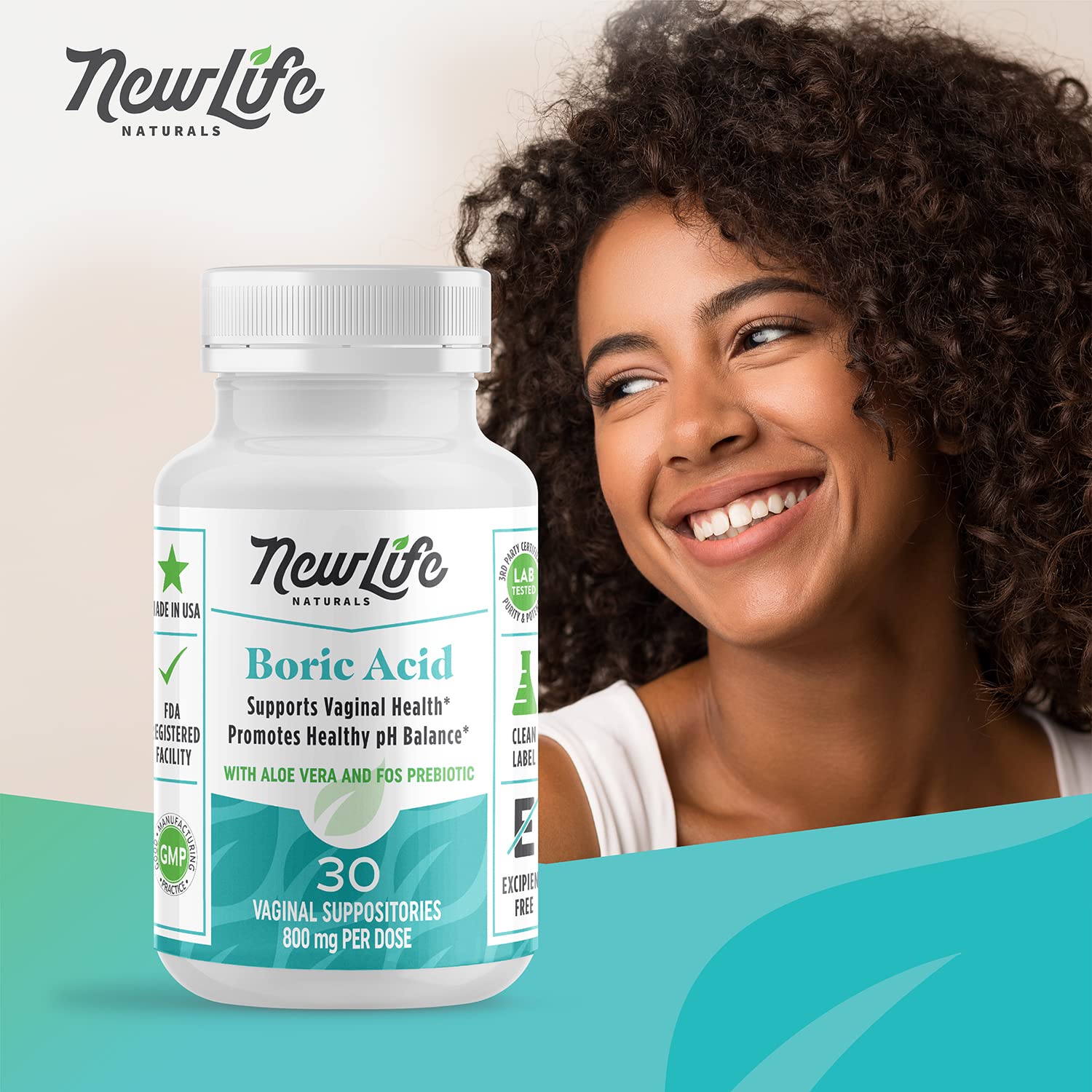 NewLife Naturals Boric Acid Vaginal Suppositories with Aloe Vera & FOS Prebiotic | Women's pH Balance Pills