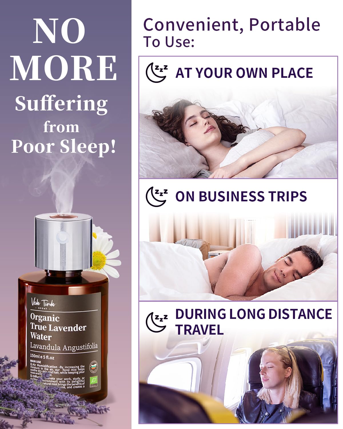 VTS Organic Lavender Water and Roman Chamomile Floral Water with Diffuser, Aromatherapy Air