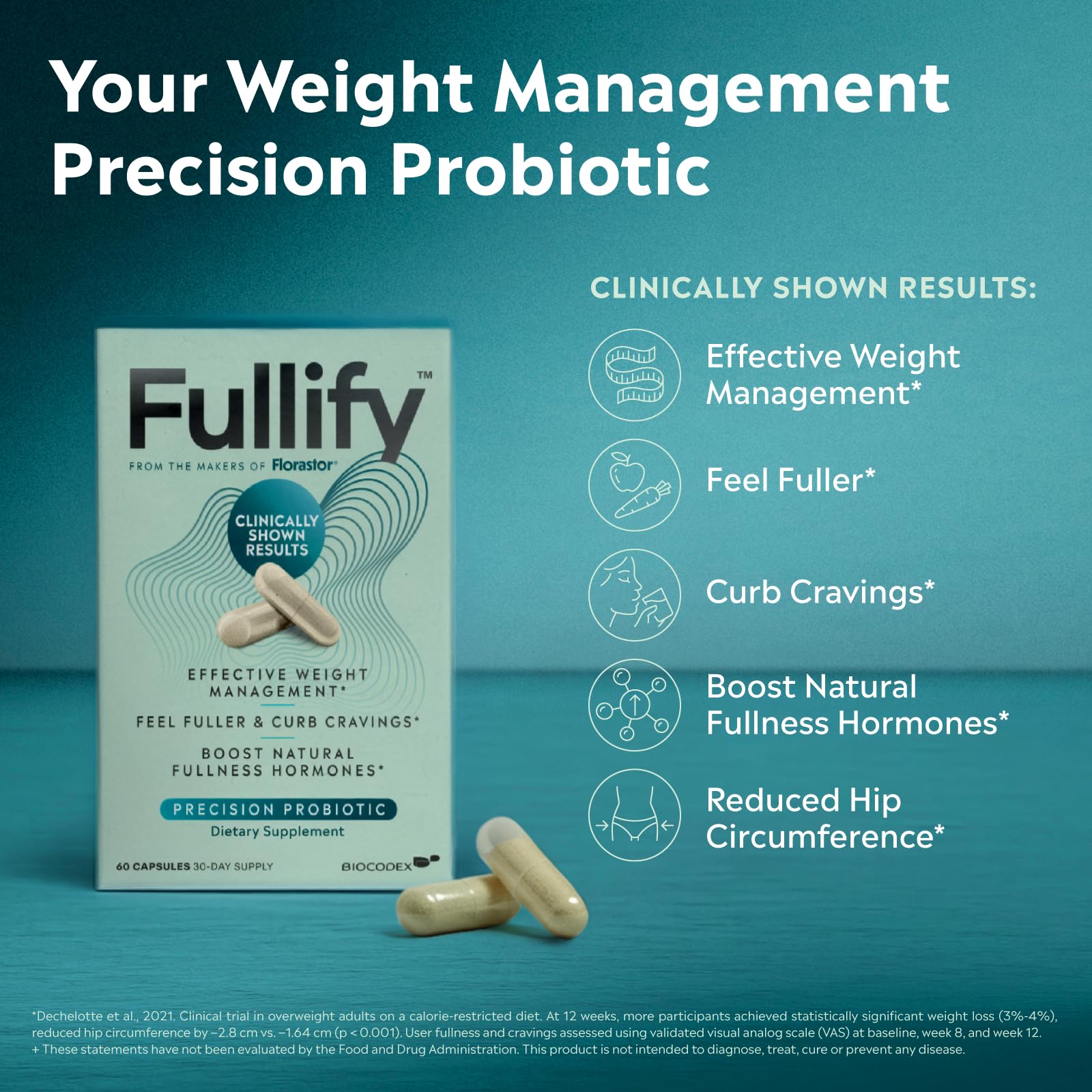 Fullify Weight Management Probiotics for Women and Men Clinically Shown to Curb Cravings with Hafnia Alvei HA4597, Chromium & Zinc - 60 Capsules, 30-Day Supply (Pack of 2)