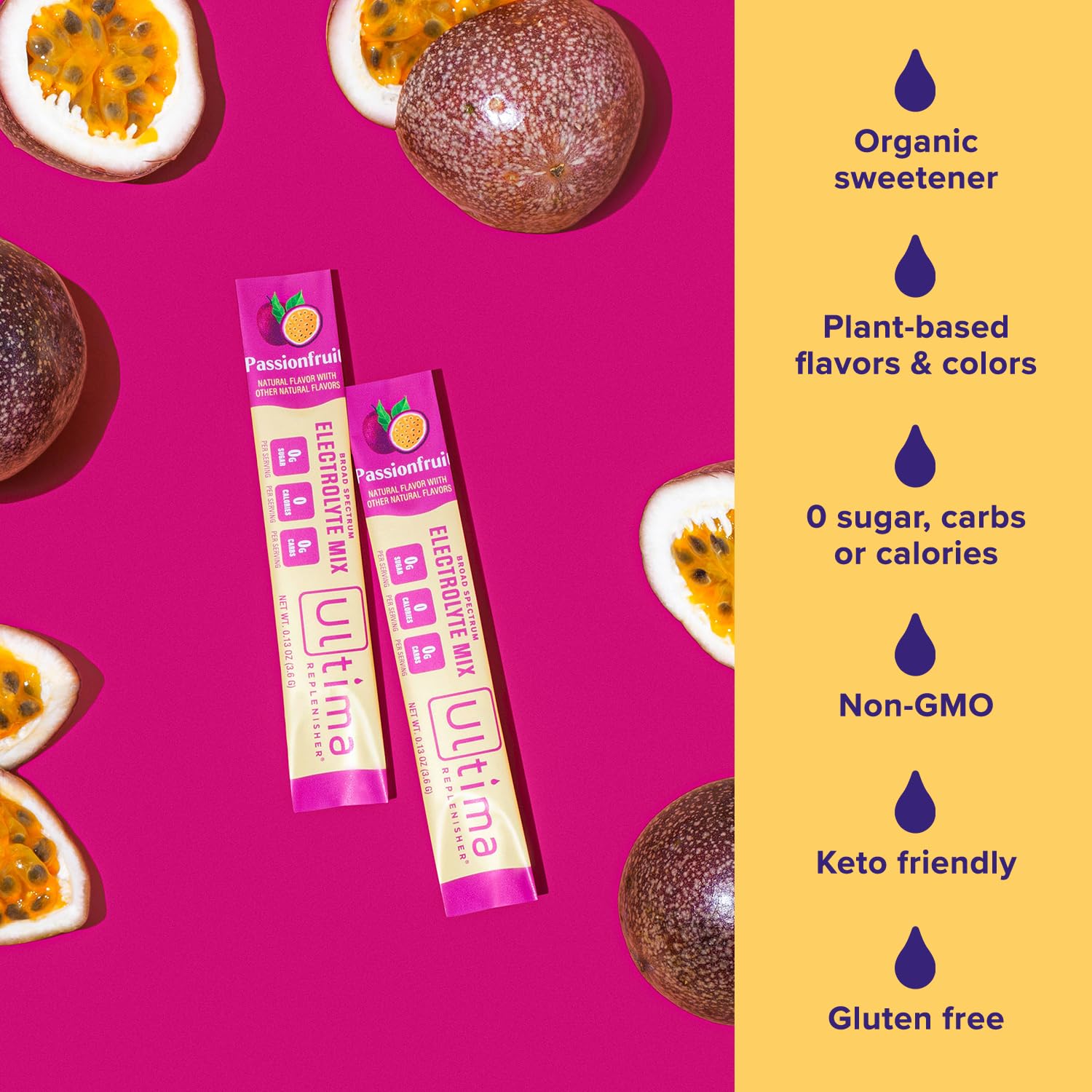 Ultima Replenisher Daily Electrolyte Drink Mix – Passionfruit, 20 Stickpacks – Hydration