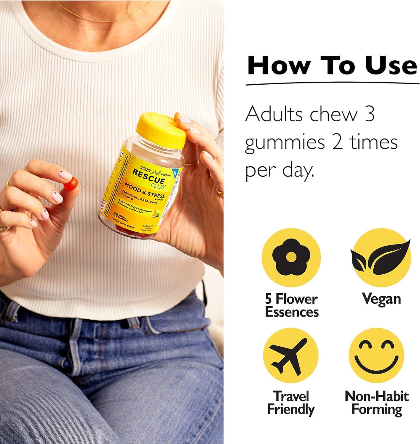 RESCUE Bach Plus Mood & Stress Support Gummies, Daytime Dietary Supplement with Passionflower