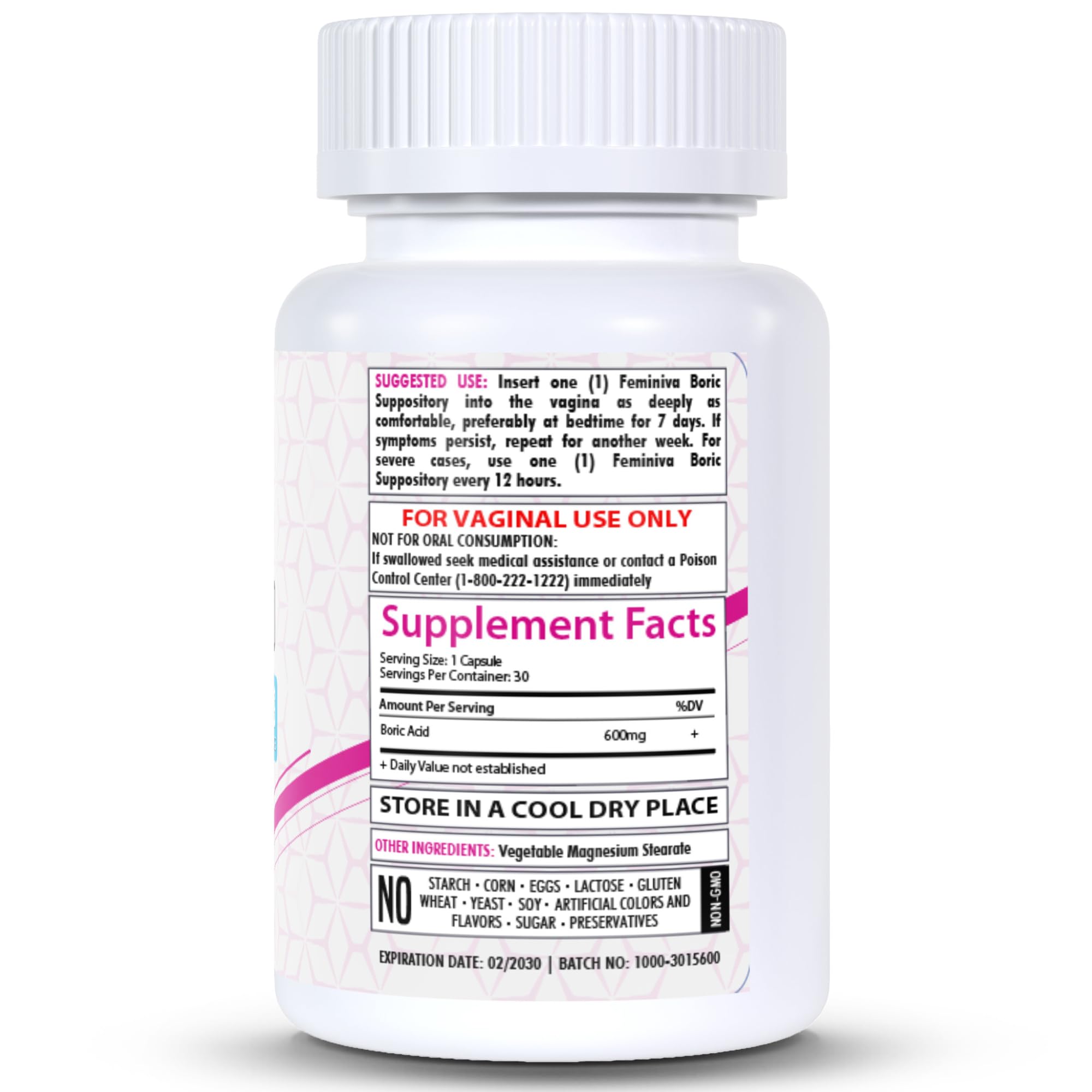 HealthFare Feminiva Boric Acid Vaginal Suppositories - 30 Count, 600mg, Intimate Health Support - 100%