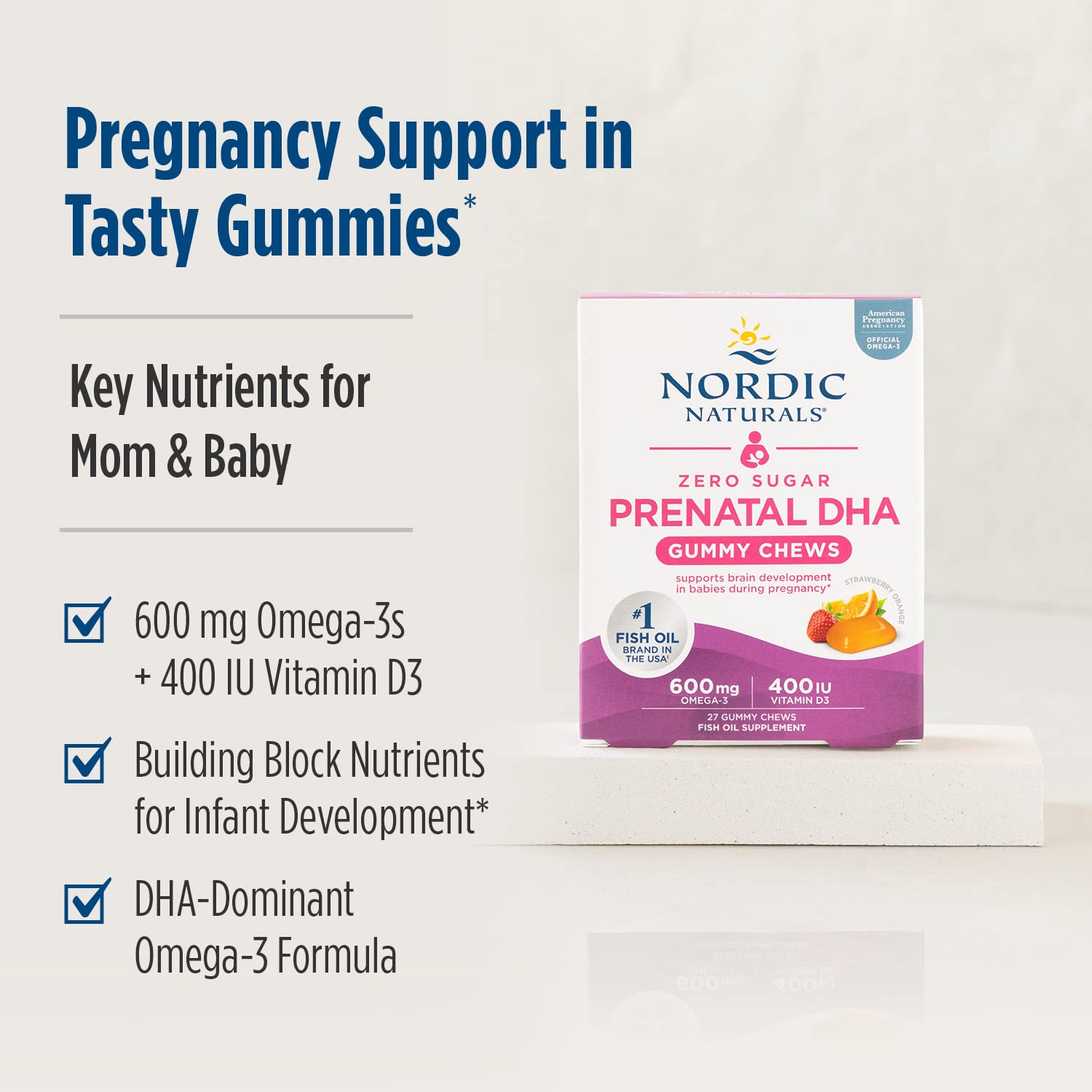 Nordic Naturals Zero Sugar DHA Prenatal Vitamin Gummies, Strawberry Orange Flavor - 27 Gummies