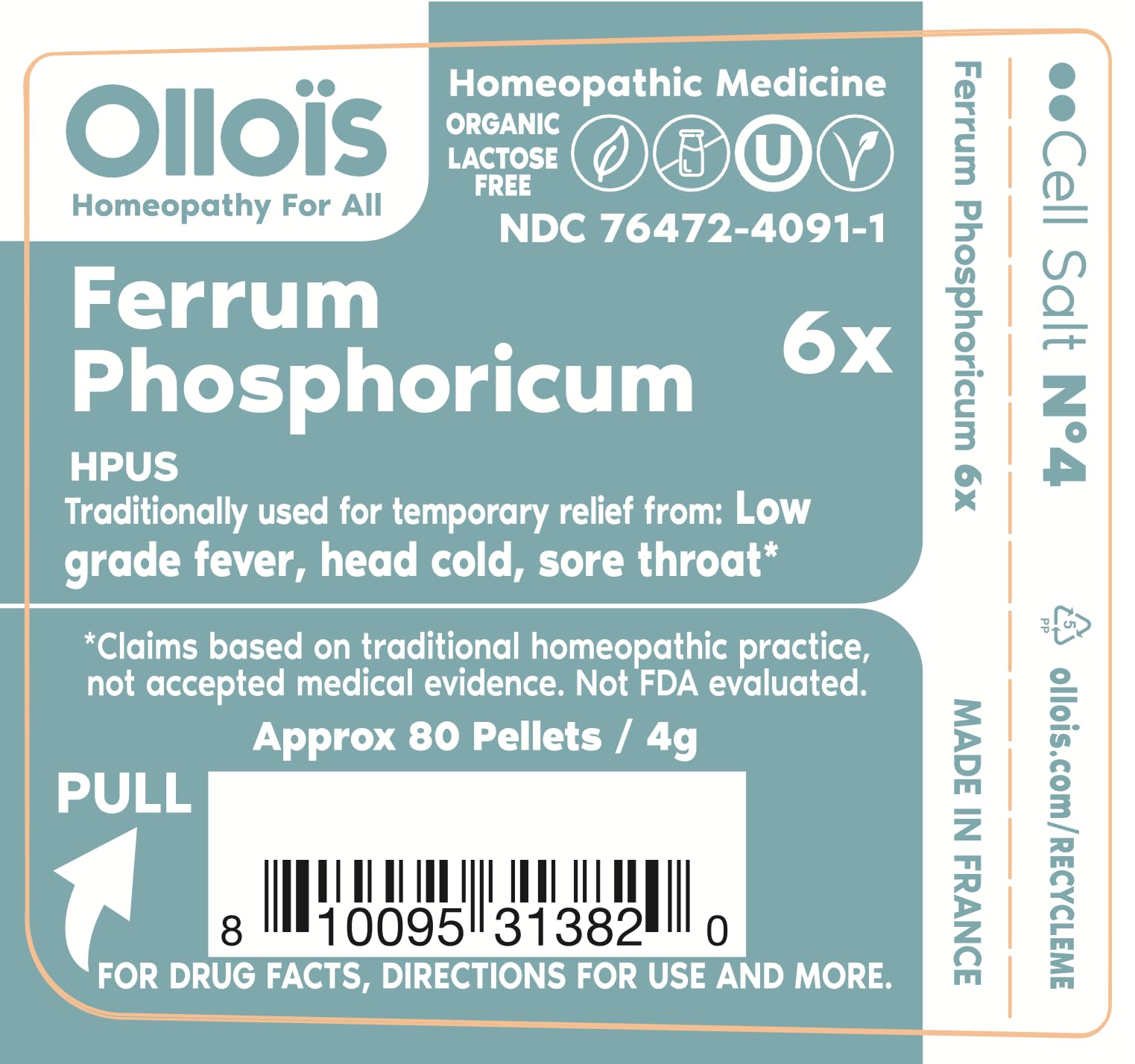 Ferrum Phosphoricum- OLLOIS - Organic & Vegan, Kosher Certified, Cell Salt #4 (Approx. 80 pellets)