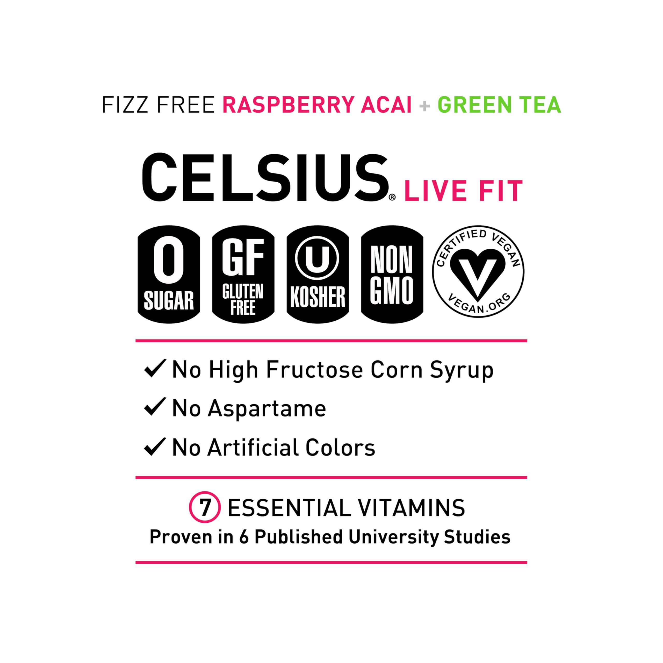 CELSIUS Raspberry Acai Green Tea, Functional Essential Energy Drink 12 Fl Oz (Pack of 12) Packaging may vary
