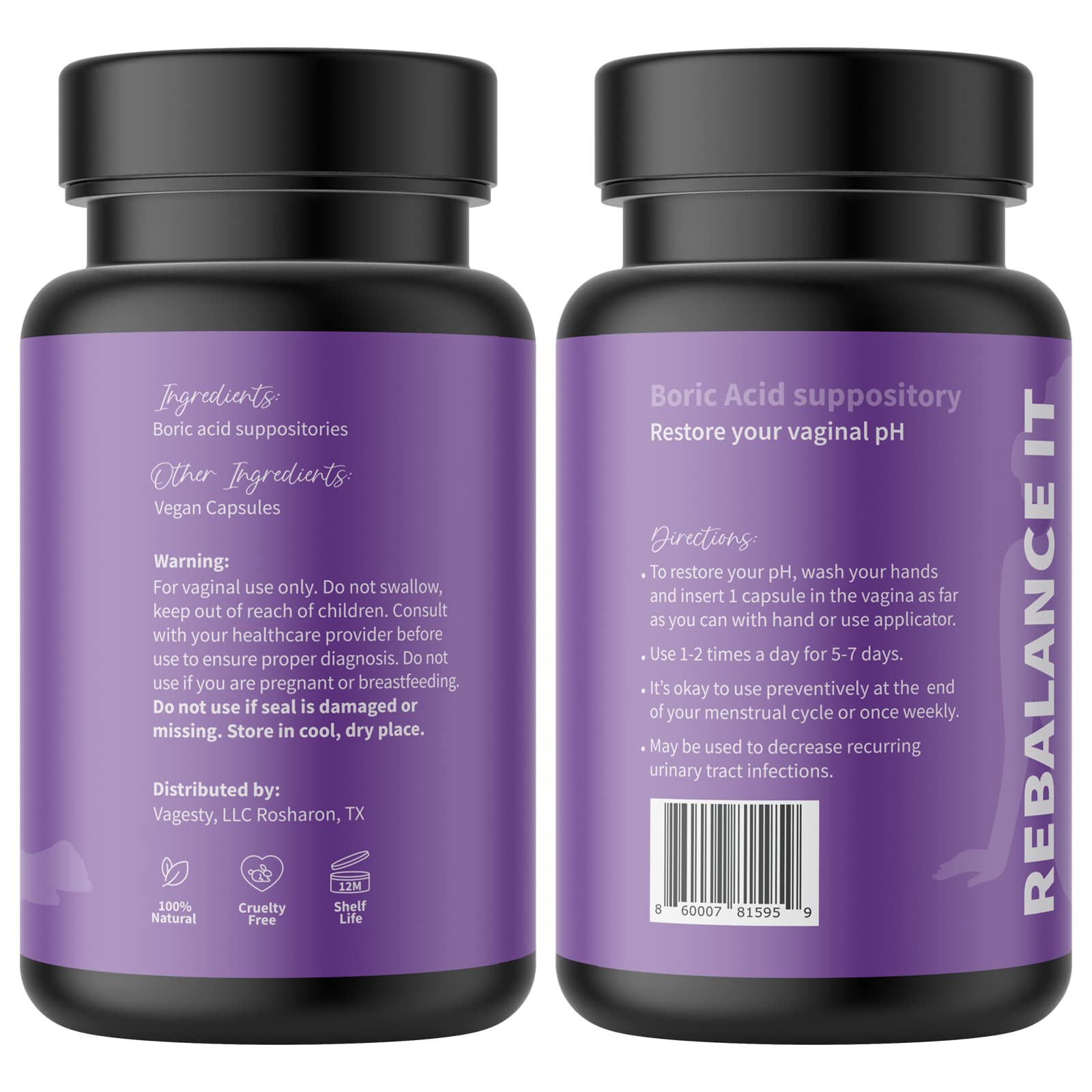 Vagesty Jewelz boric Acid Vaginal Suppositories, 100% Pure boric Acid, rebalance Vaginal pH