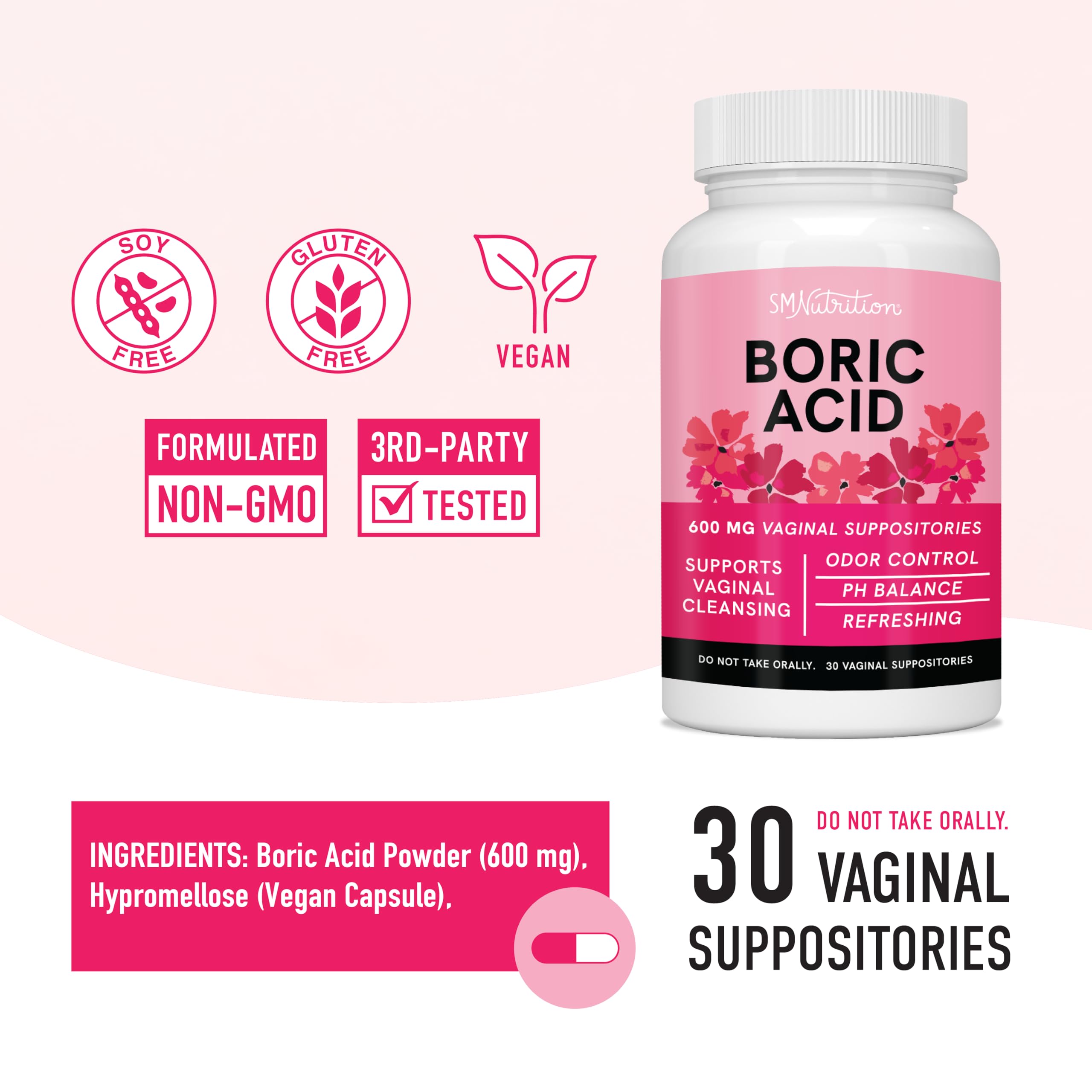 Boric Acid Suppositories for Women | 600mg | for pH Balance, Vaginal Odor & Itching | Feminine Hygiene