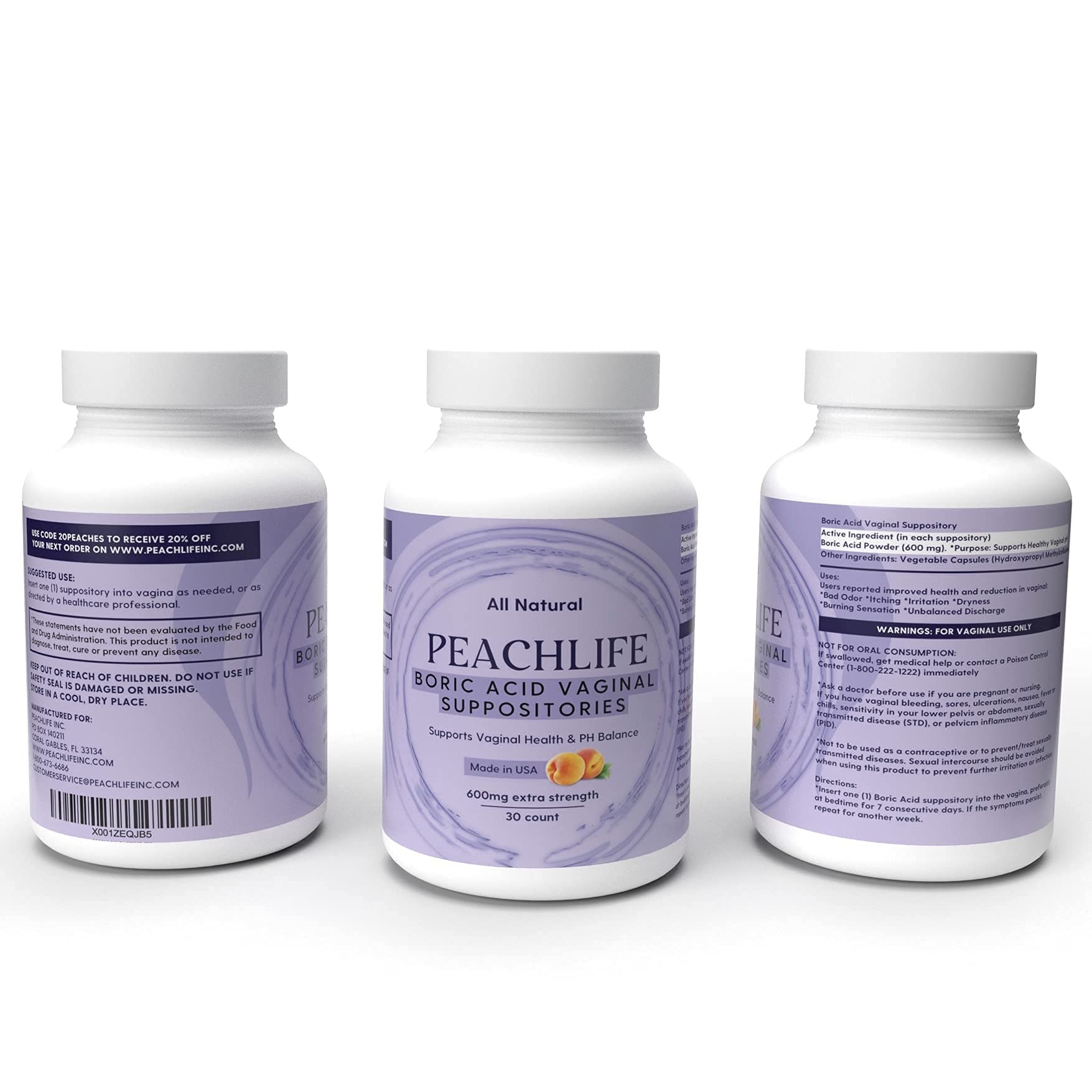 Peachlife Boric Acid Suppositories in Vegetable Capsules - USA Made - Vaginal pH