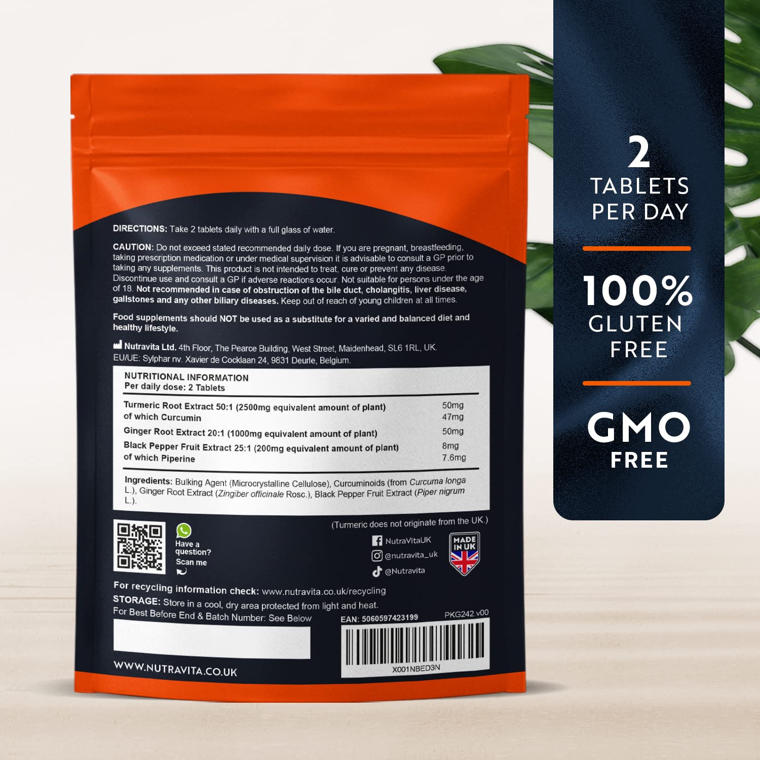 Nutravita Turmeric Tablets 2500mg with Black Pepper & Ginger - 180 High Strength Tumeric