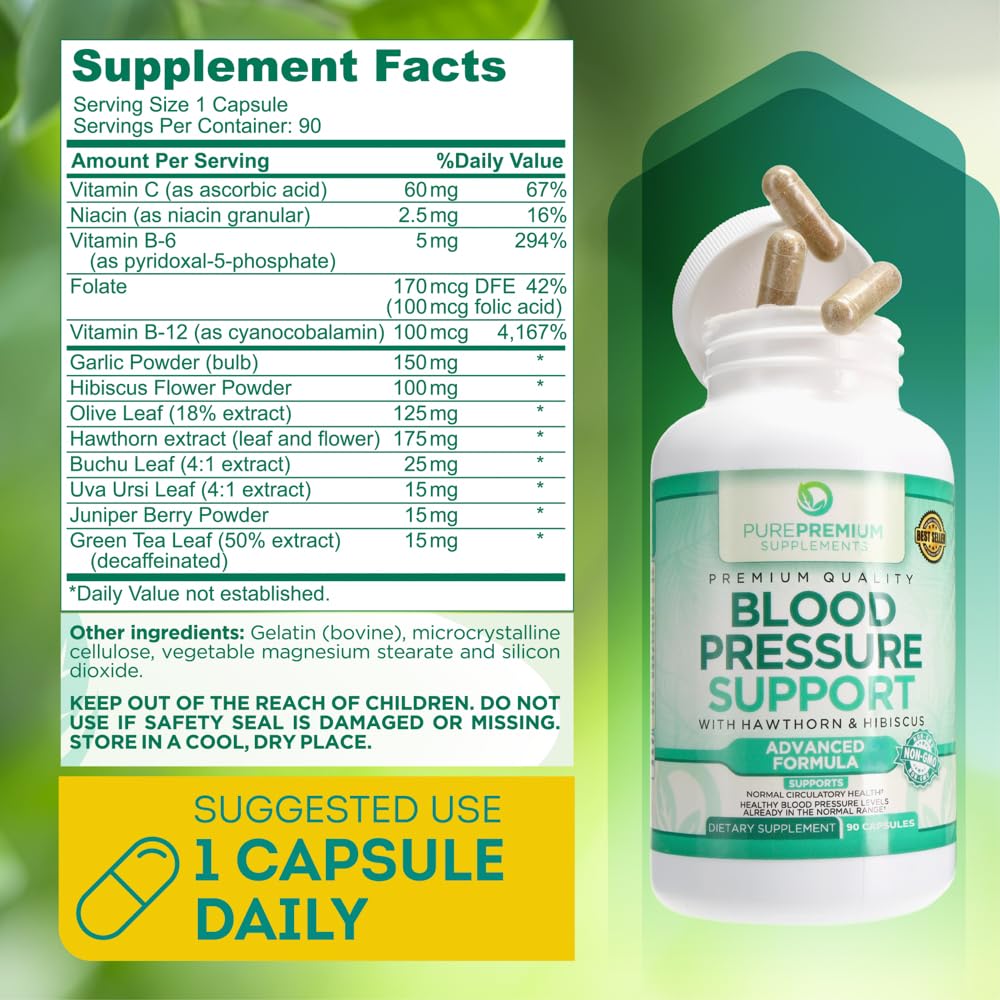 PurePremium Blood Pressure Support Supplement with Hawthorn, Hibiscus & Garlic