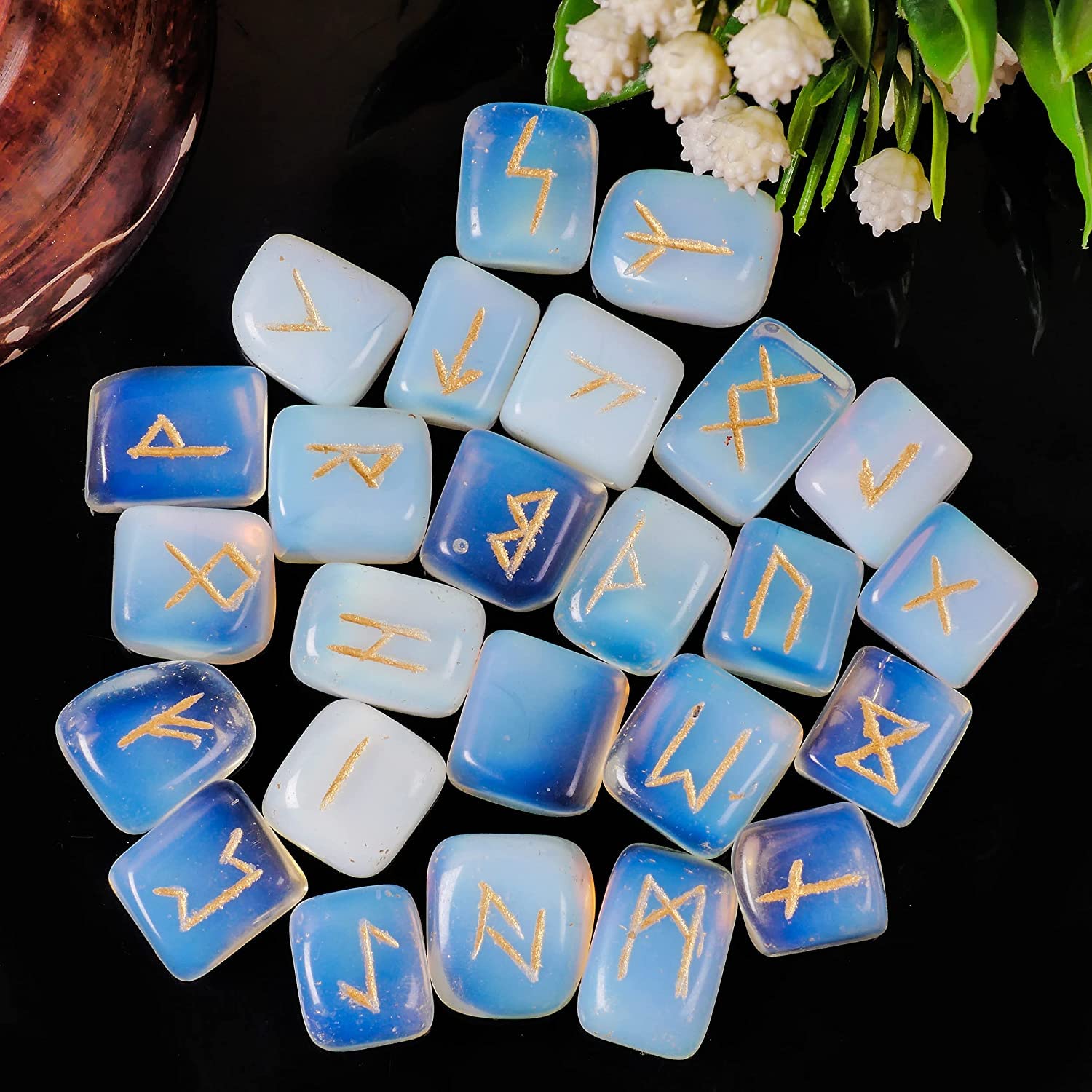 Opalite Rune Stone - Rune Set - Engraved Elder Futhark Alphabet Symbols - Witchcraft Crystals