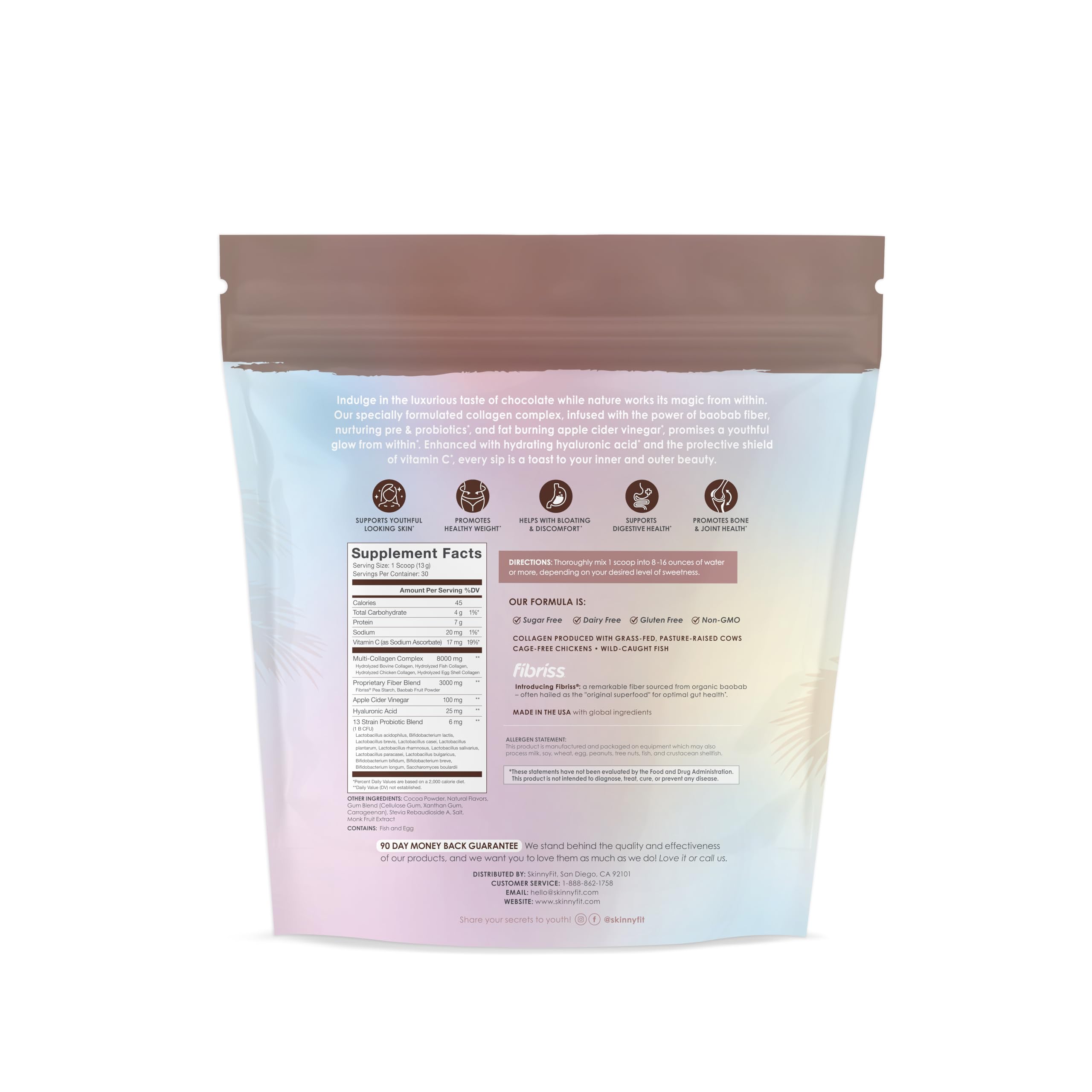 SkinnyFit Super Youth Chocolate Multi-Collagen Peptides + Probiotics, Baobab Fiber