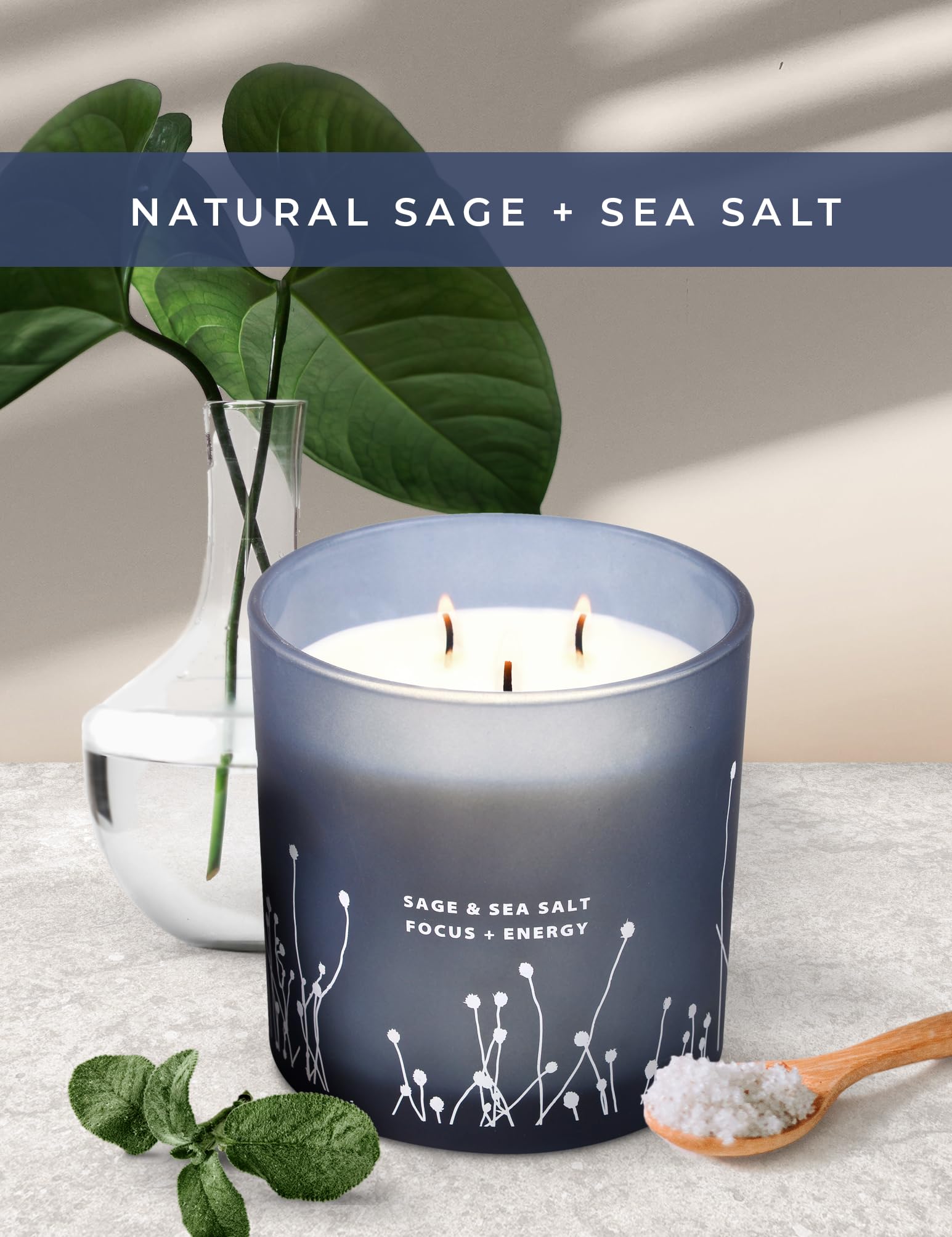 White Sage Sea Salt 3 Wick Candle 14.5 oz | Sage Candles for Cleansing House | Large Soy Candles