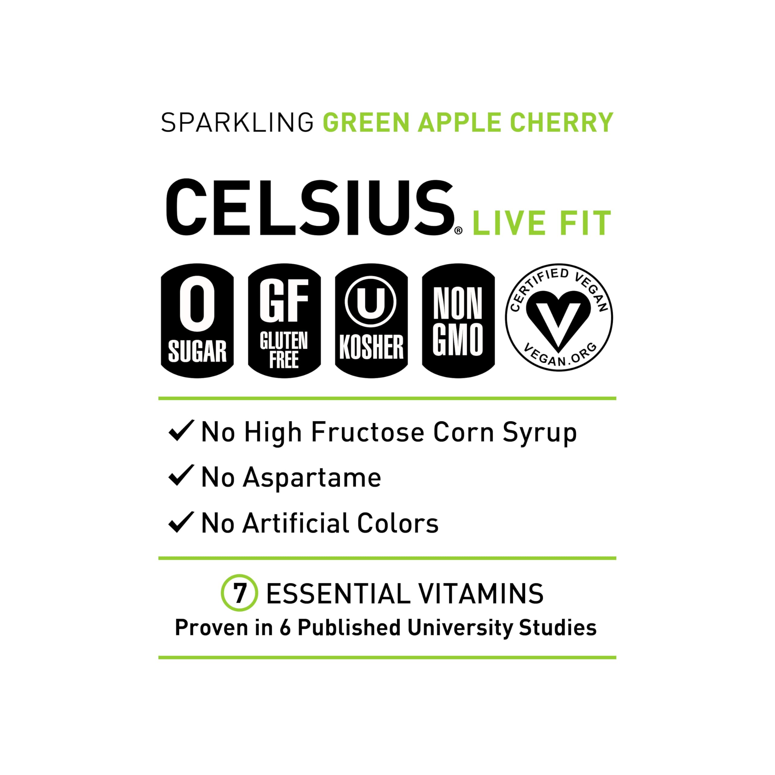 CELSIUS Sparkling Green Apple Cherry, Functional Essential Energy Drink, 12 Fl Oz