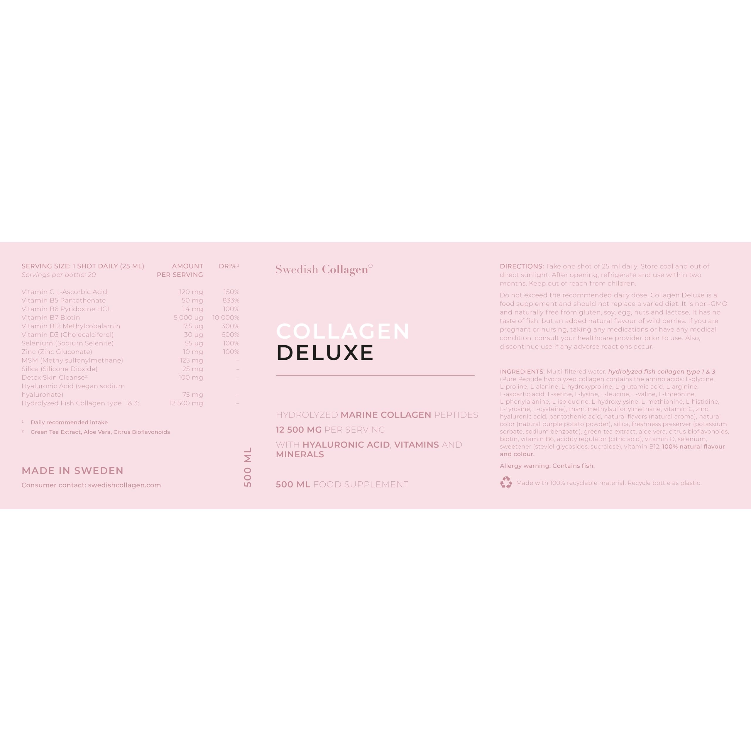 Swedish Collagen - 12500mg Collagen Deluxe 500ml I Hydrolyzed Marine Collagen Peptides (Type I & III)