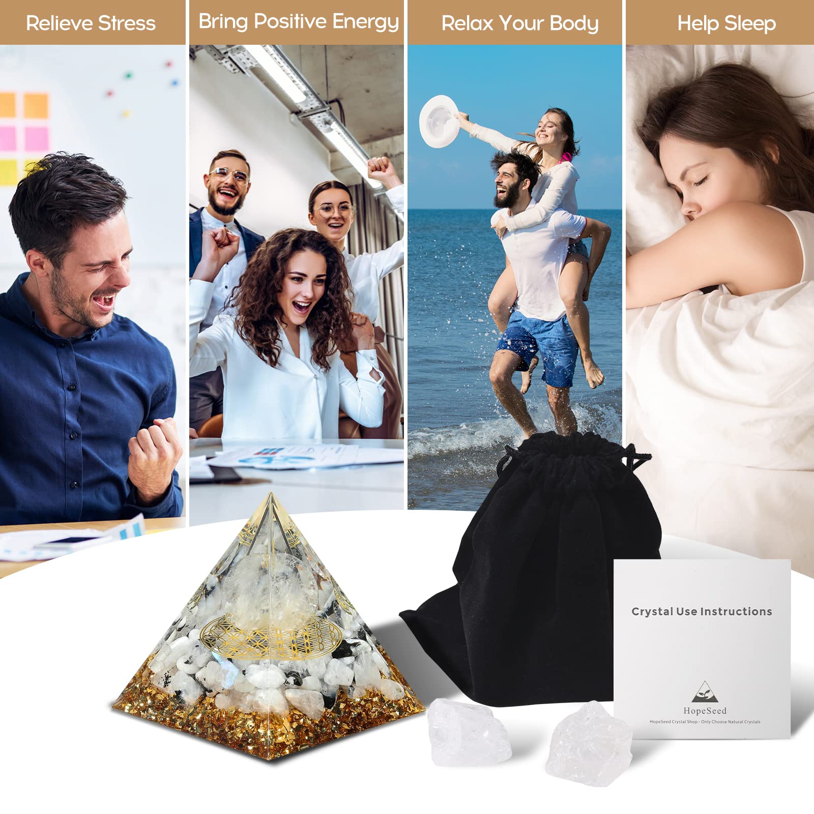 Hopeseed Orgone Pyramid for Positive Energy, Orgonite Rainbow Moonstone&White Crystal