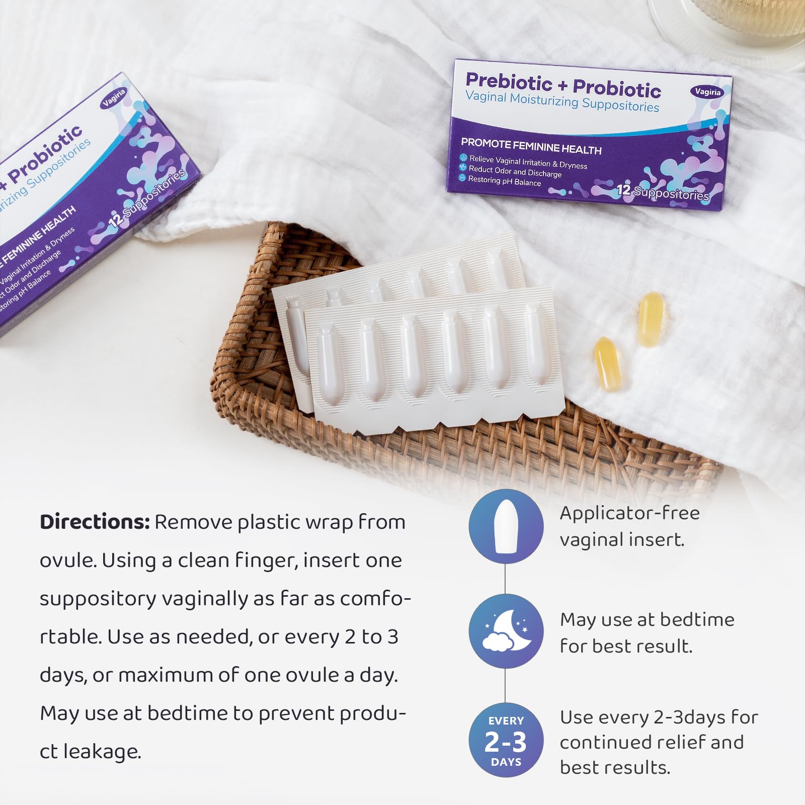 Vaginal Probiotic Suppositories, Prebiotic Infused with Hyaluronic Acid, Tea Tree, and Vitamin C&E