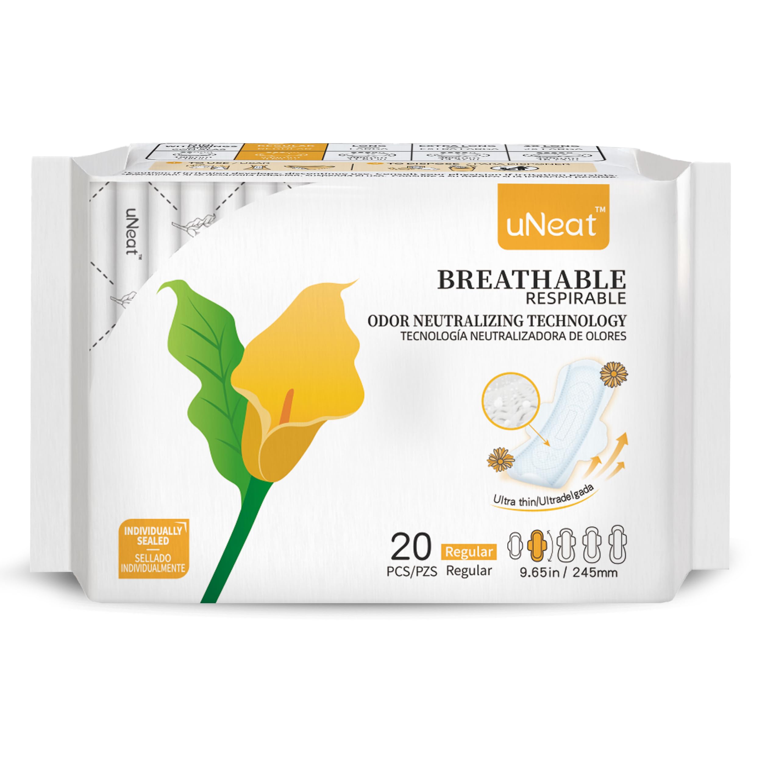 uNeat Regular with Wings Ultra-Thin Sanitary Pads for Women and Teen, Unscented, Eliminates Odor