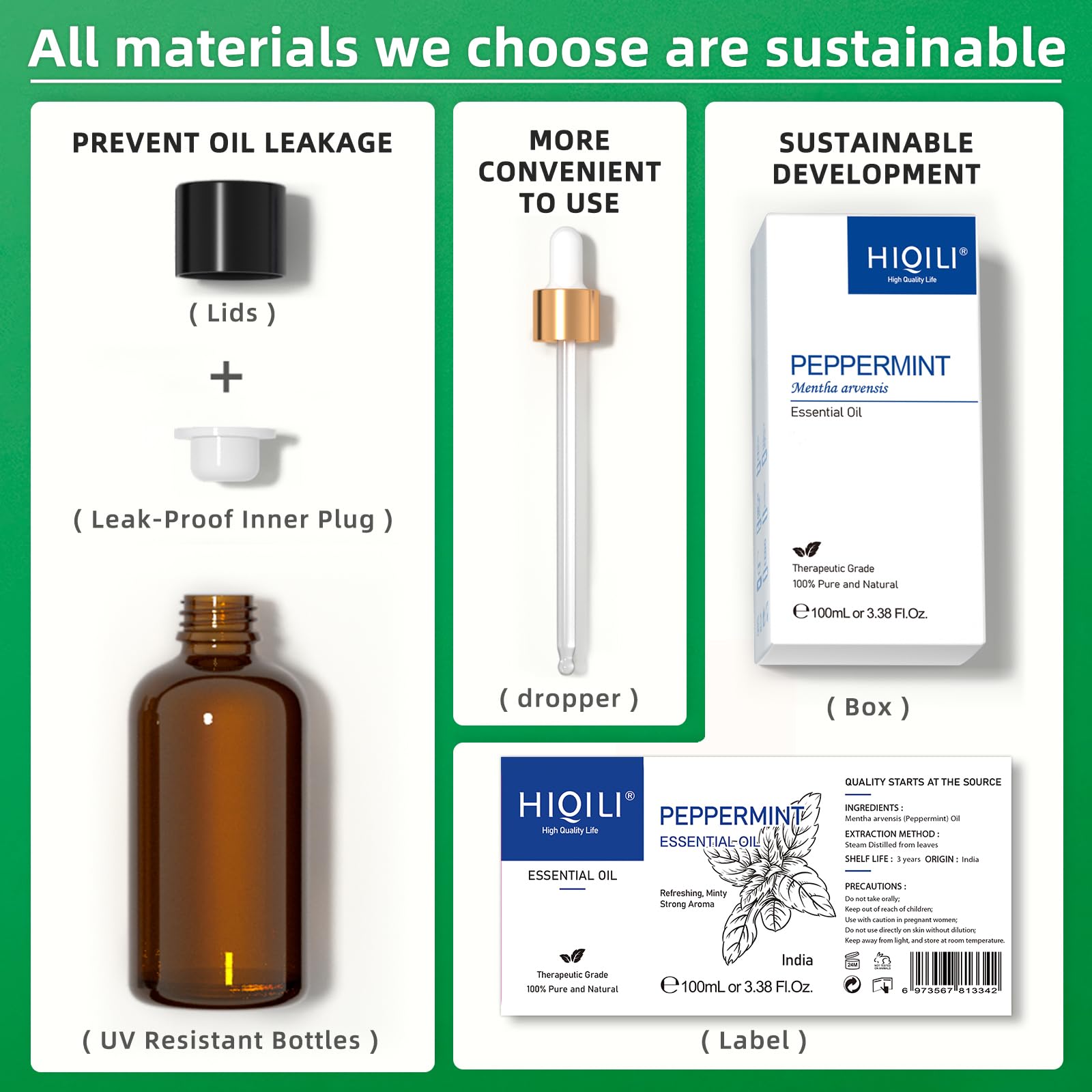 HIQILI Peppermint Oil 100ML, 100% Pure Peppermint Essential Oil Natural for Diffuser