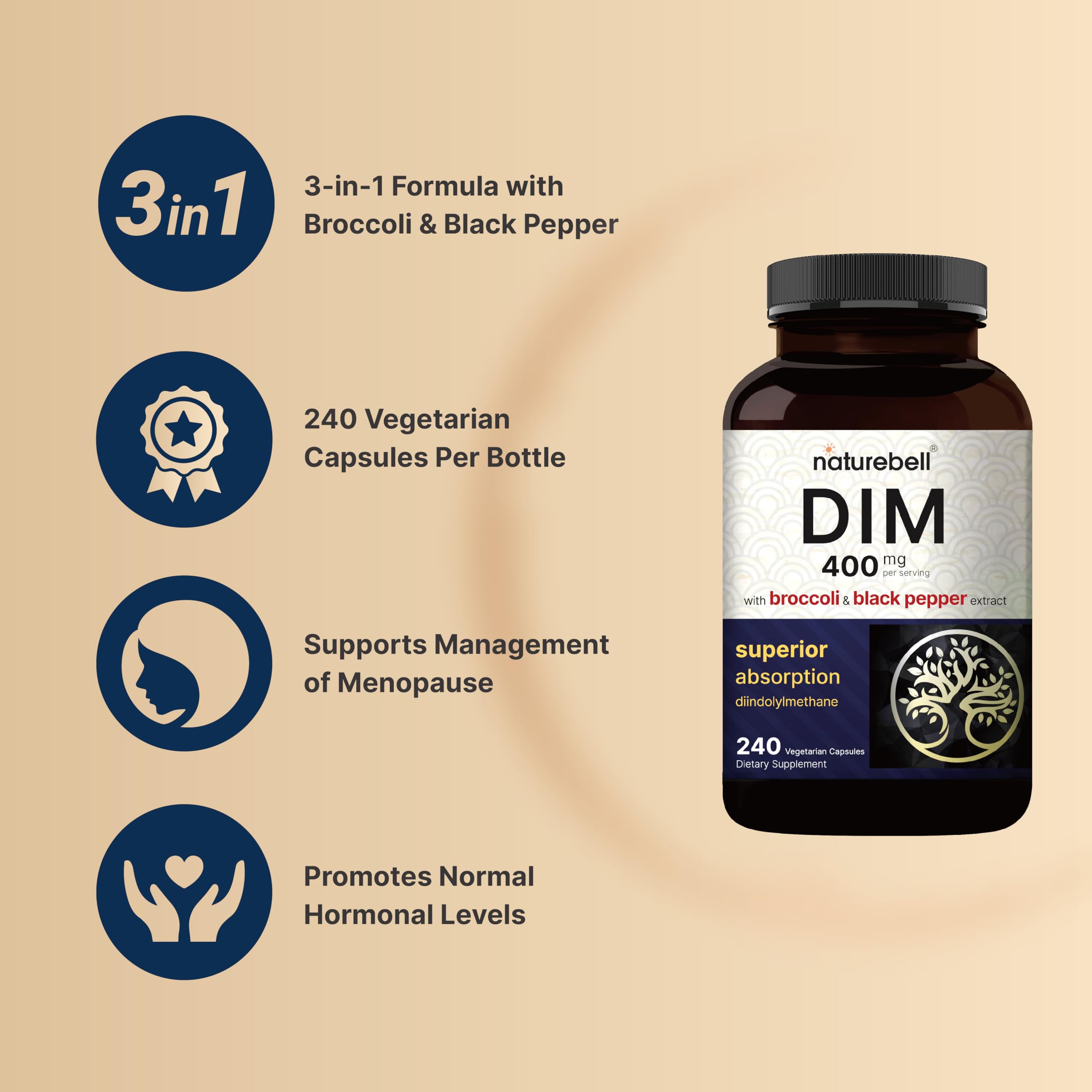 NatureBell DIM 400mg as Diindolylmethane, 240 Veggie Capsules | with Broccoli & Black Pepper