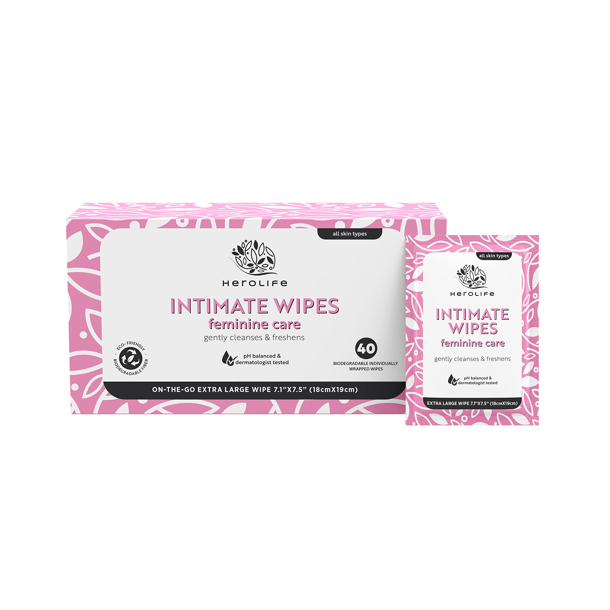 HEROLIFE Personal Wipes for Feminine Care, Single Use To Go, Plant-Based, 1 pack of 40 Single