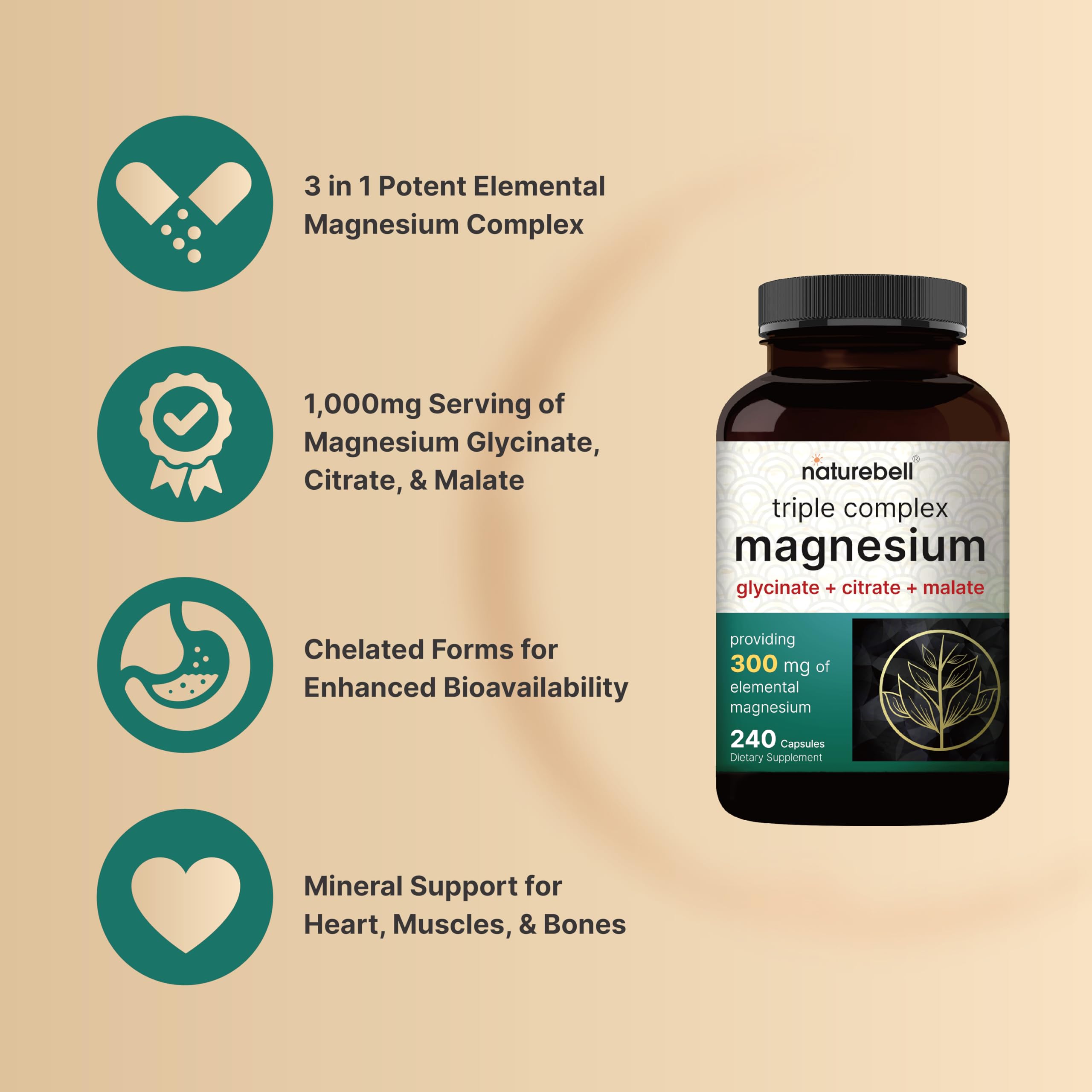 Triple Complex Magnesium Supplement, 240 Capsules | Magnesium Glycinate 500mg