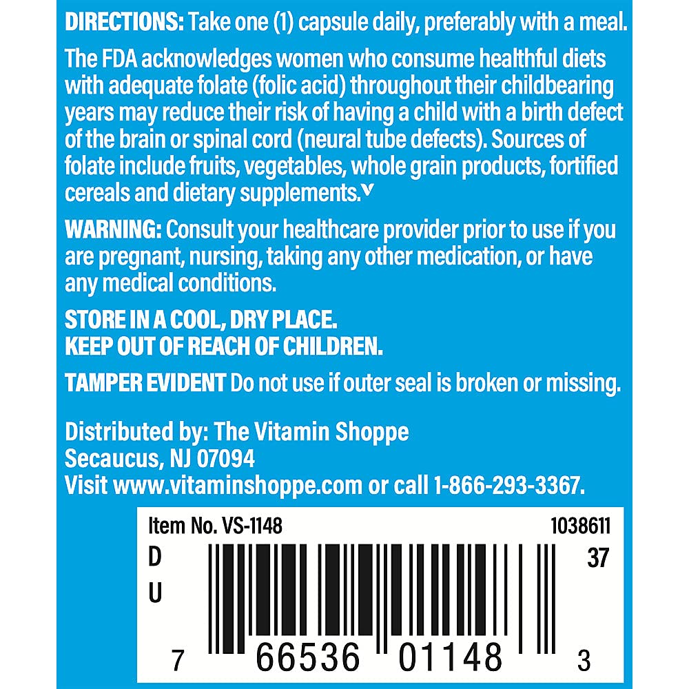The Vitamin Shoppe Folic Acid 800MCG, Supports Prenatal & Fetal Development (100 Capsules)