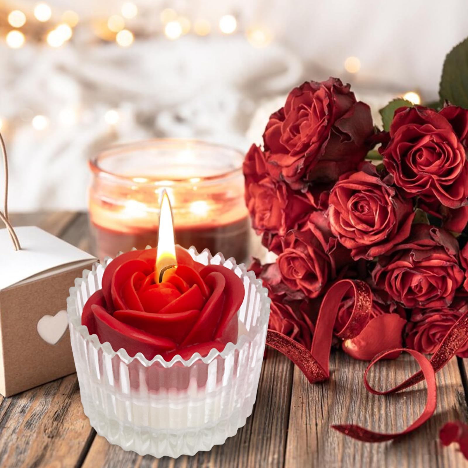 Red Rose Candle in Rippled Glass Jar for Valentine's Day Gifts, English Pear& Freesia Scented Candles