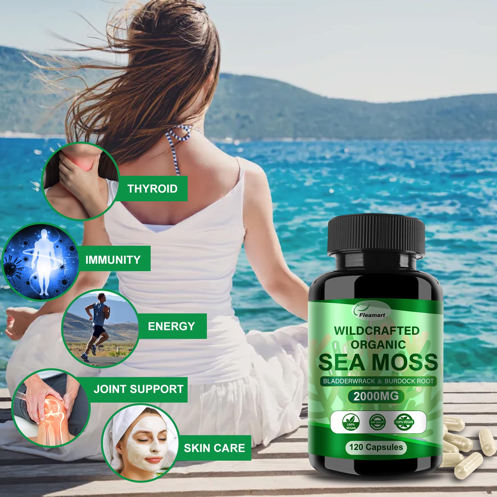 Fleamart Irish Sea Moss Capsules 120ct Raw Organic Sea Moss Wildcrafted Bladderwrack