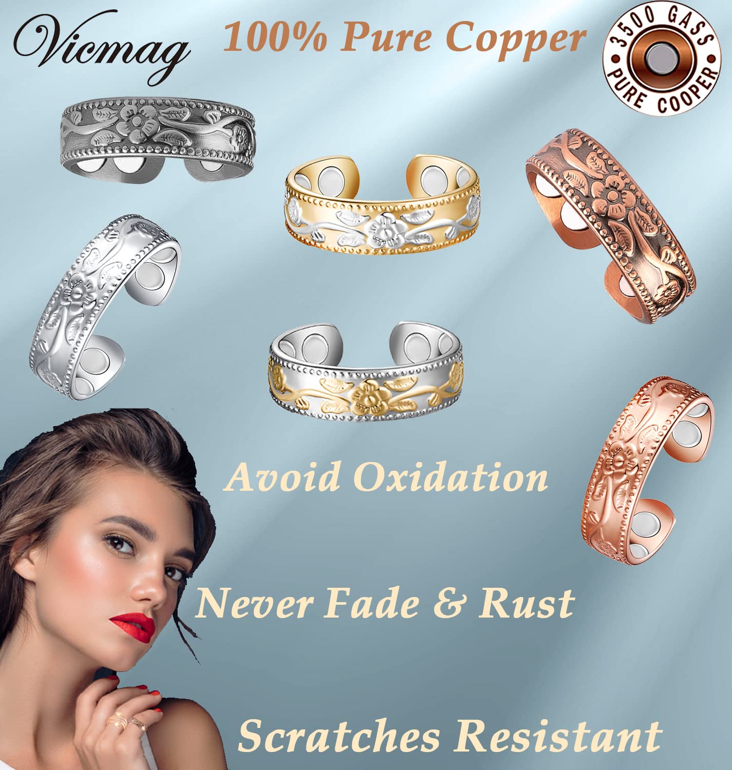 Vicmag Copper Magnetic Ring for Women Men 100% Solid Pure Copper Adjustable with Jewelry Gift Box