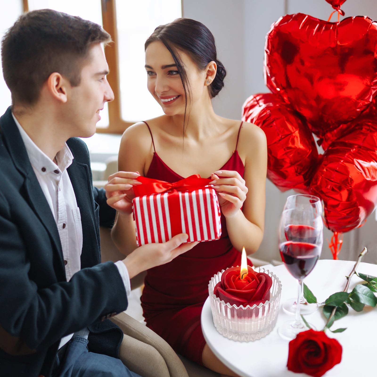 Red Rose Candle in Rippled Glass Jar for Valentine's Day Gifts, English Pear& Freesia Scented Candles