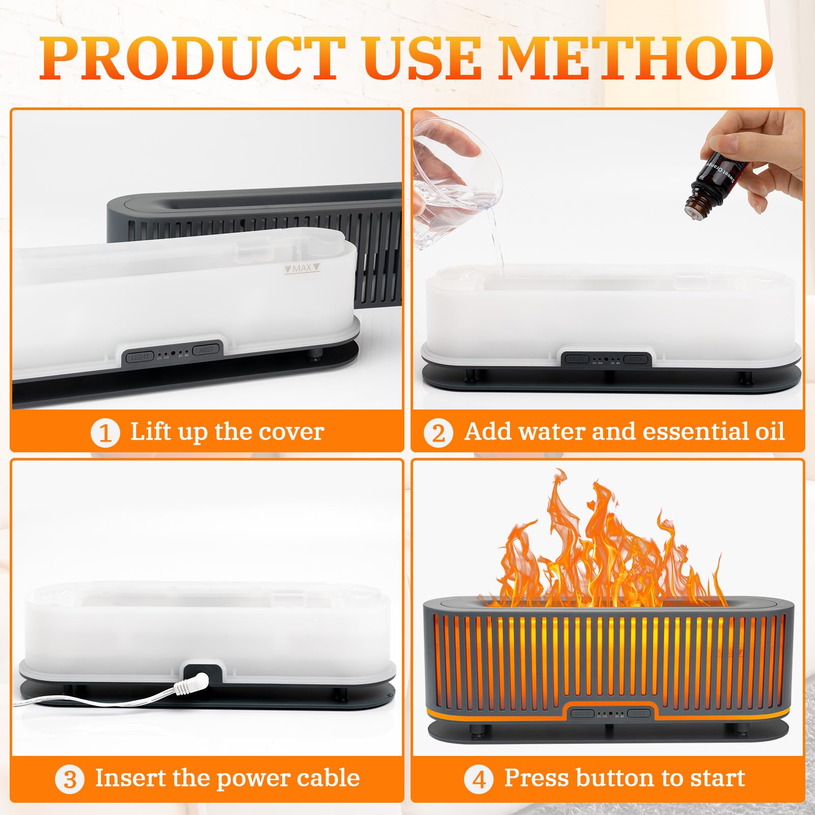 Comfynest Colorful Flame Fire Fireplace Diffuser with 6 Essential Oils Set, Ultrasonic 200ml Essential Oil