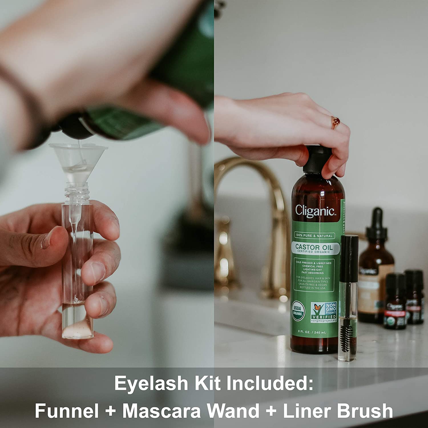 Cliganic USDA Organic Castor Oil, 100% Pure (8oz with Eyelash Kit) - For Eyelashes, Eyebrows, Hair & Skin