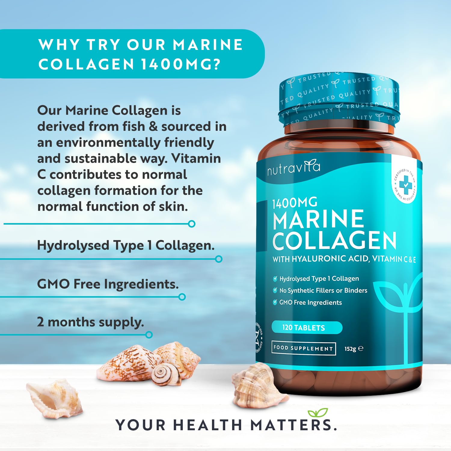 Marine Collagen Tablets 1400mg Enhanced with Hyaluronic Acid - Hydrolysed Supplements for Women and Men