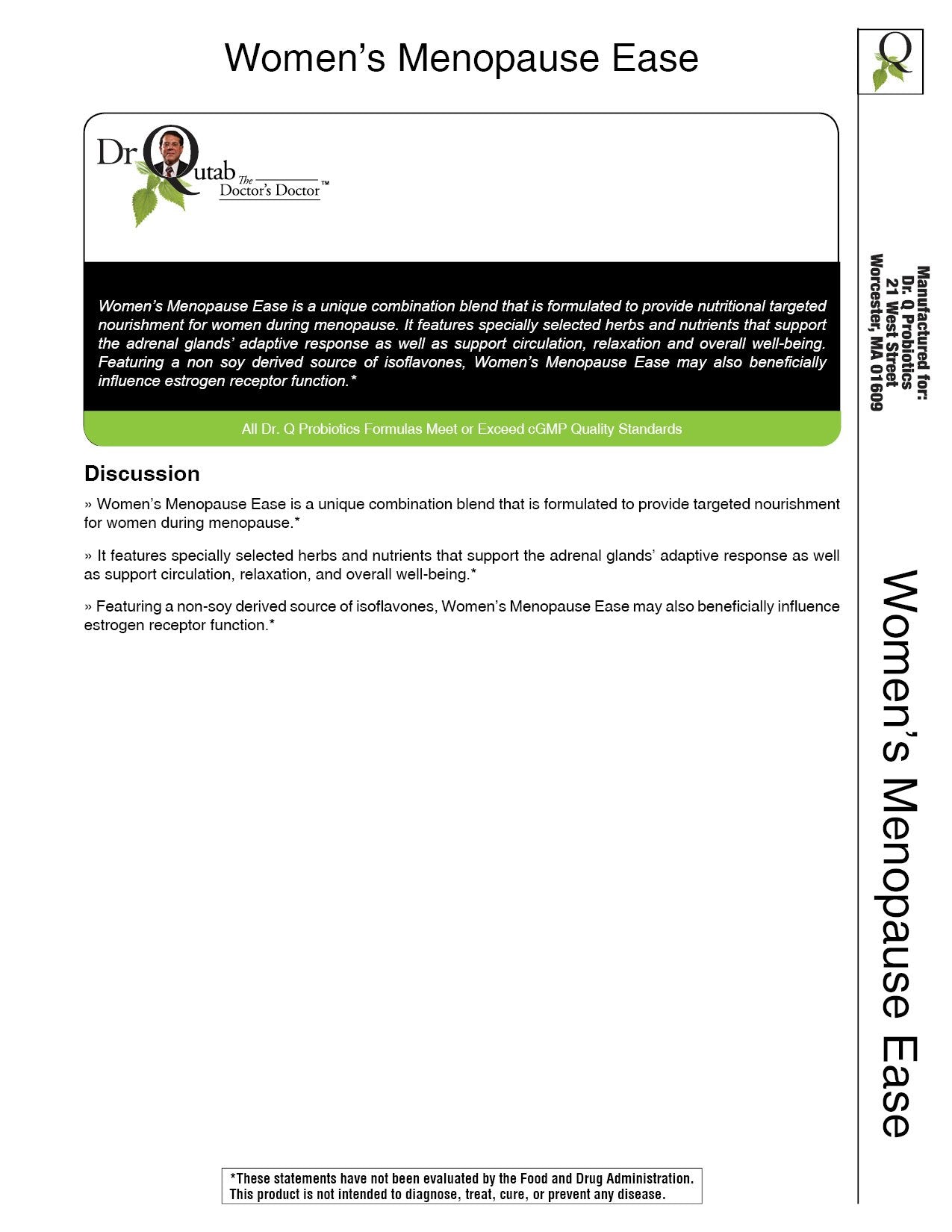 Dr Qutab The Doctor's Doctor, Women's Menopause Ease, Natural Menopause Support