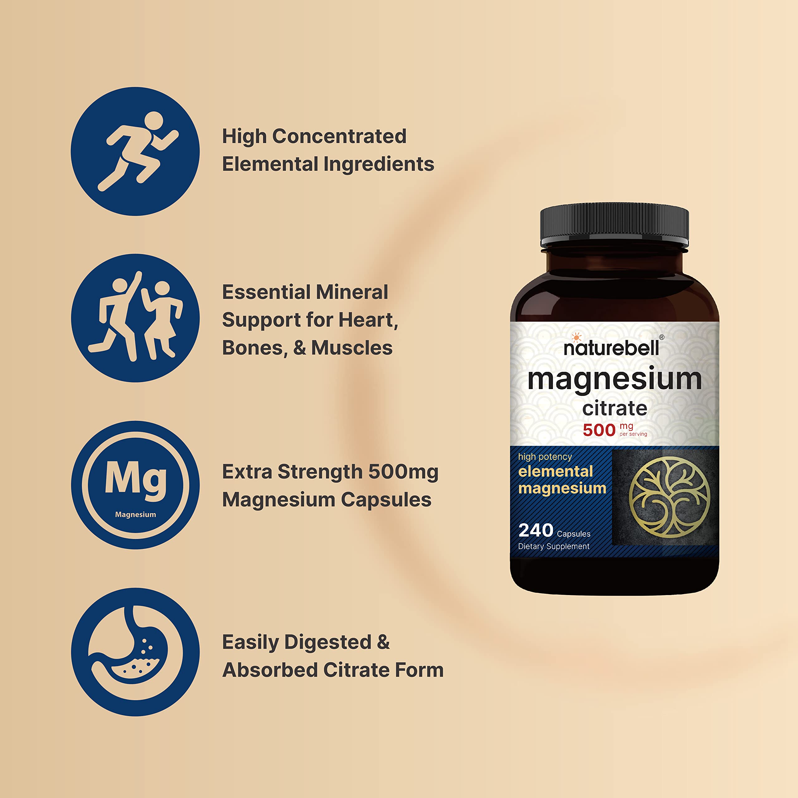 NatureBell Magnesium Citrate 500mg, 240 Capsules | High Purity Elemental Form
