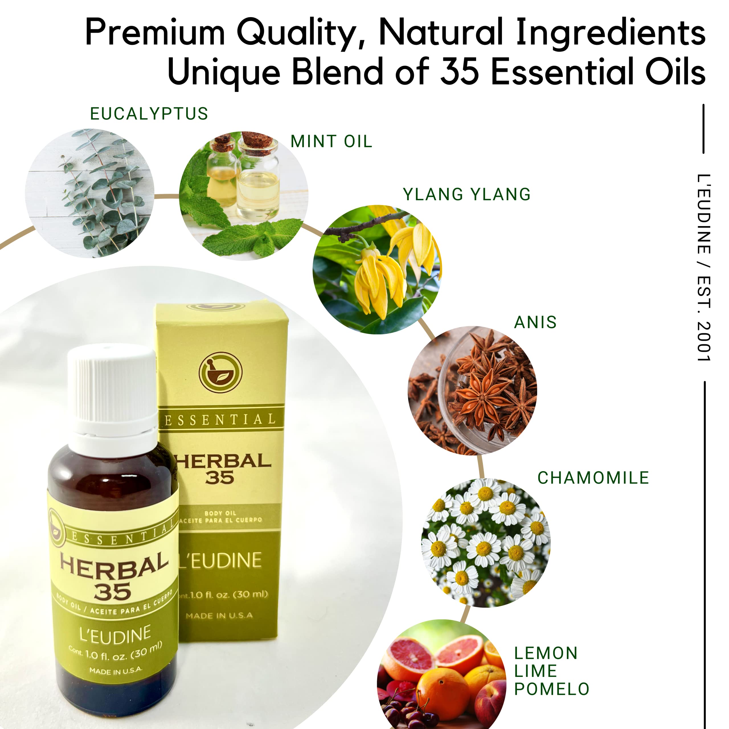 L'eudine Herbal 35 Essential Oil, Soothing and Calming Eucalyptus Essential Oil, Powerful Blend