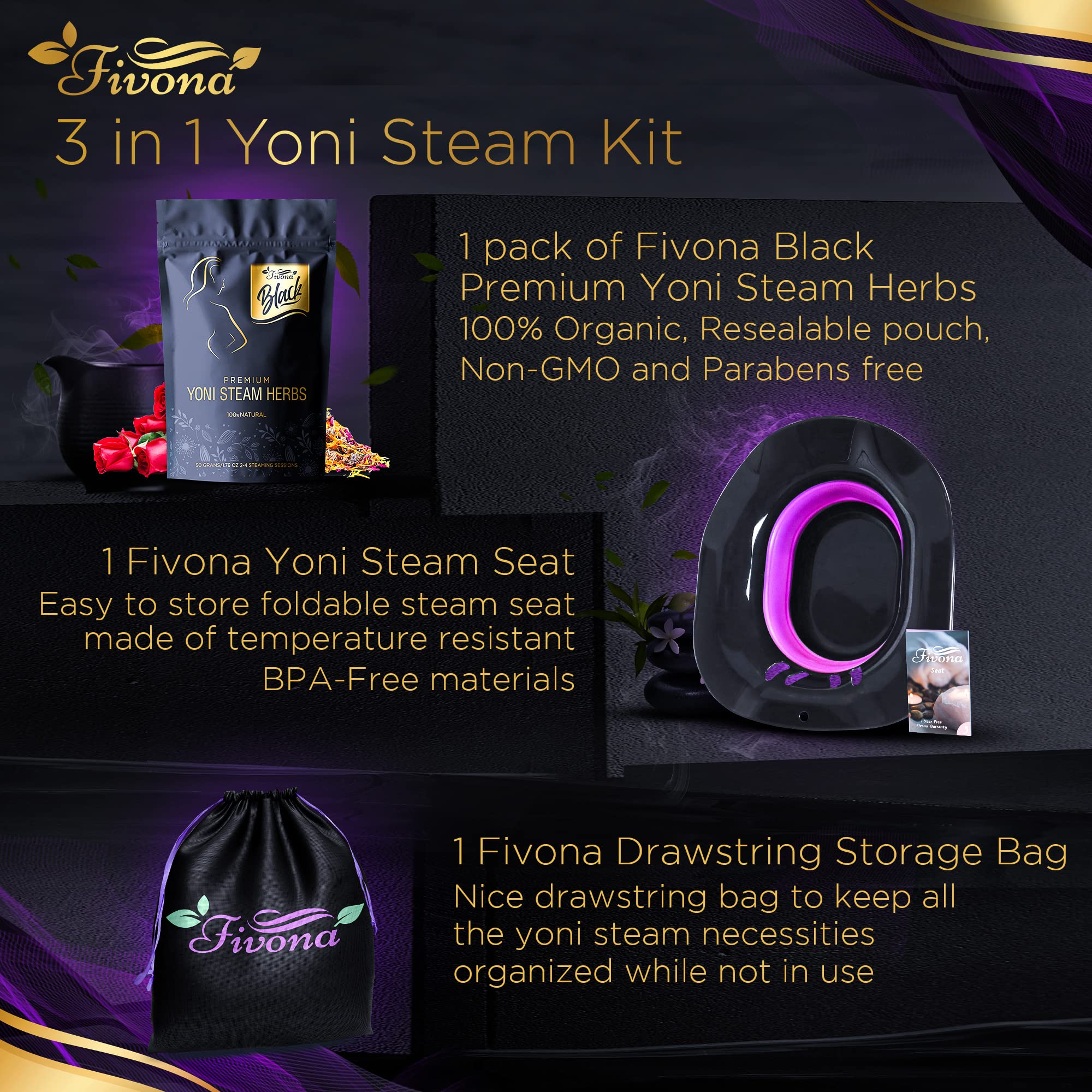 Fivona 3-in-1 Yoni Steam Kit Black - Foldable Over The Toilet Steamer Seat with Herbal Blend and Storage