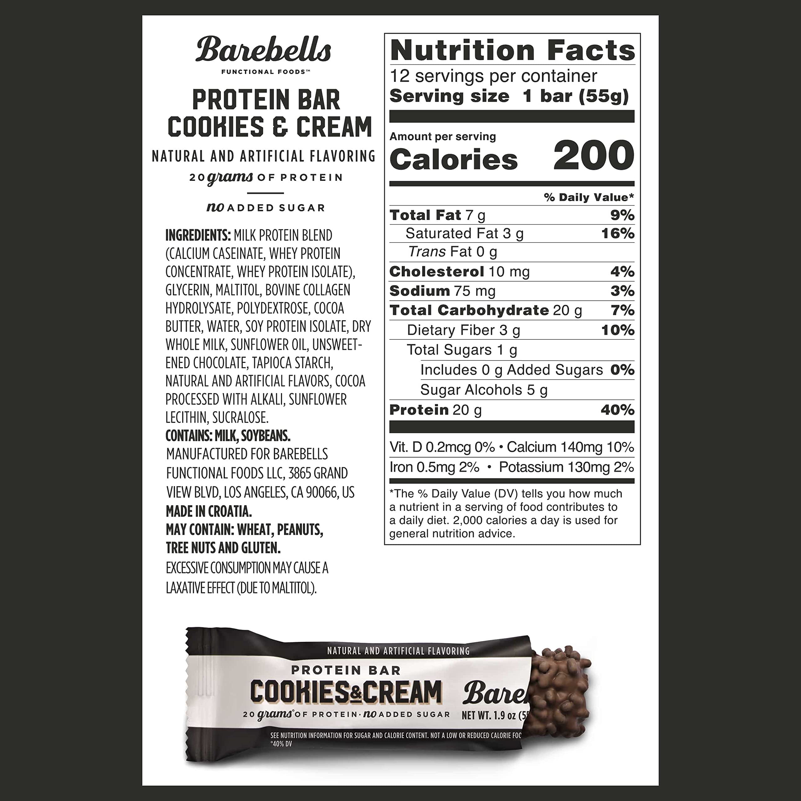 Barebells Protein Bars Cookies & Cream - 12 Count, 1.9oz Bars - Protein Snacks with 20g
