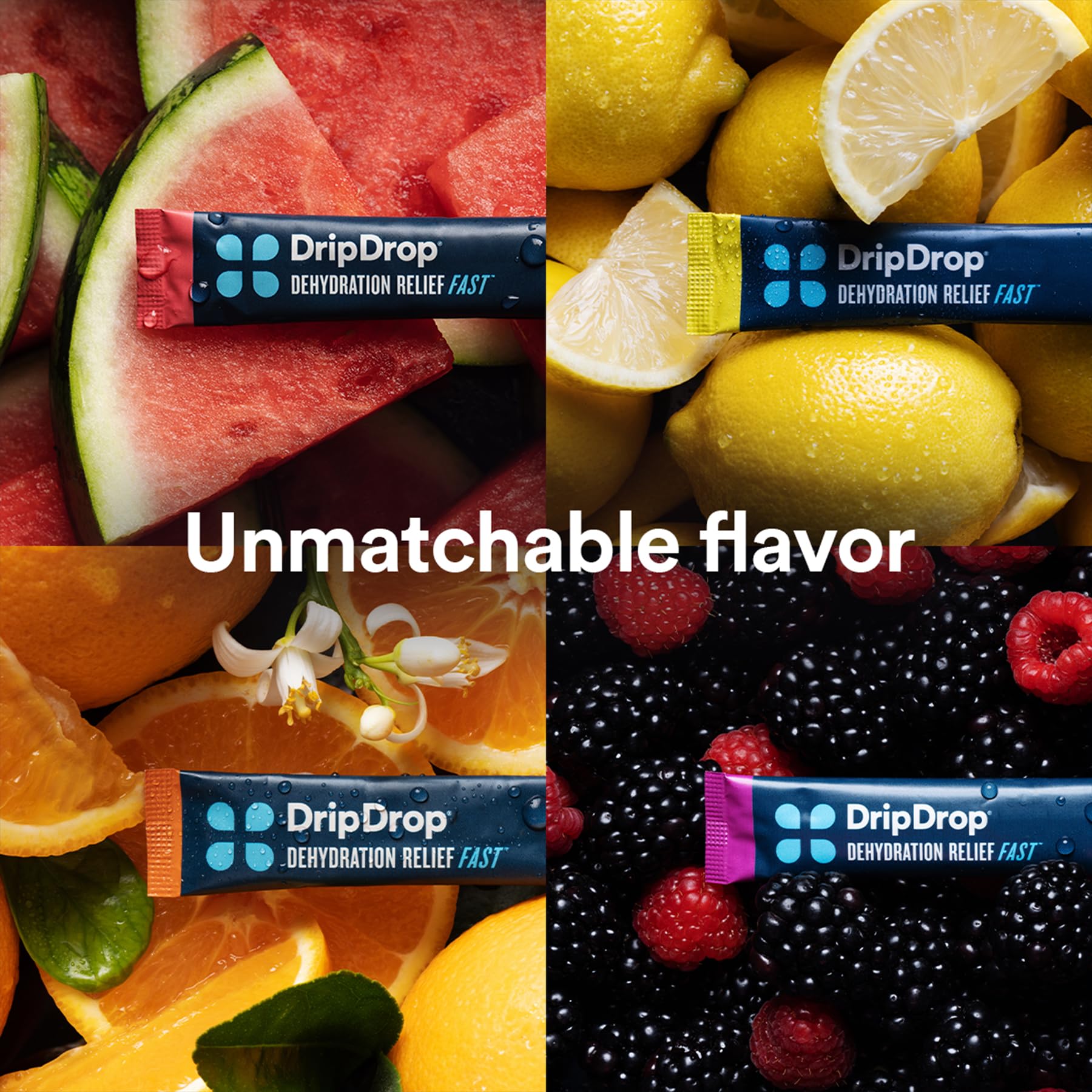DripDrop Hydration - Electrolyte Powder Packets - Watermelon, Berry, Orange, Lemon