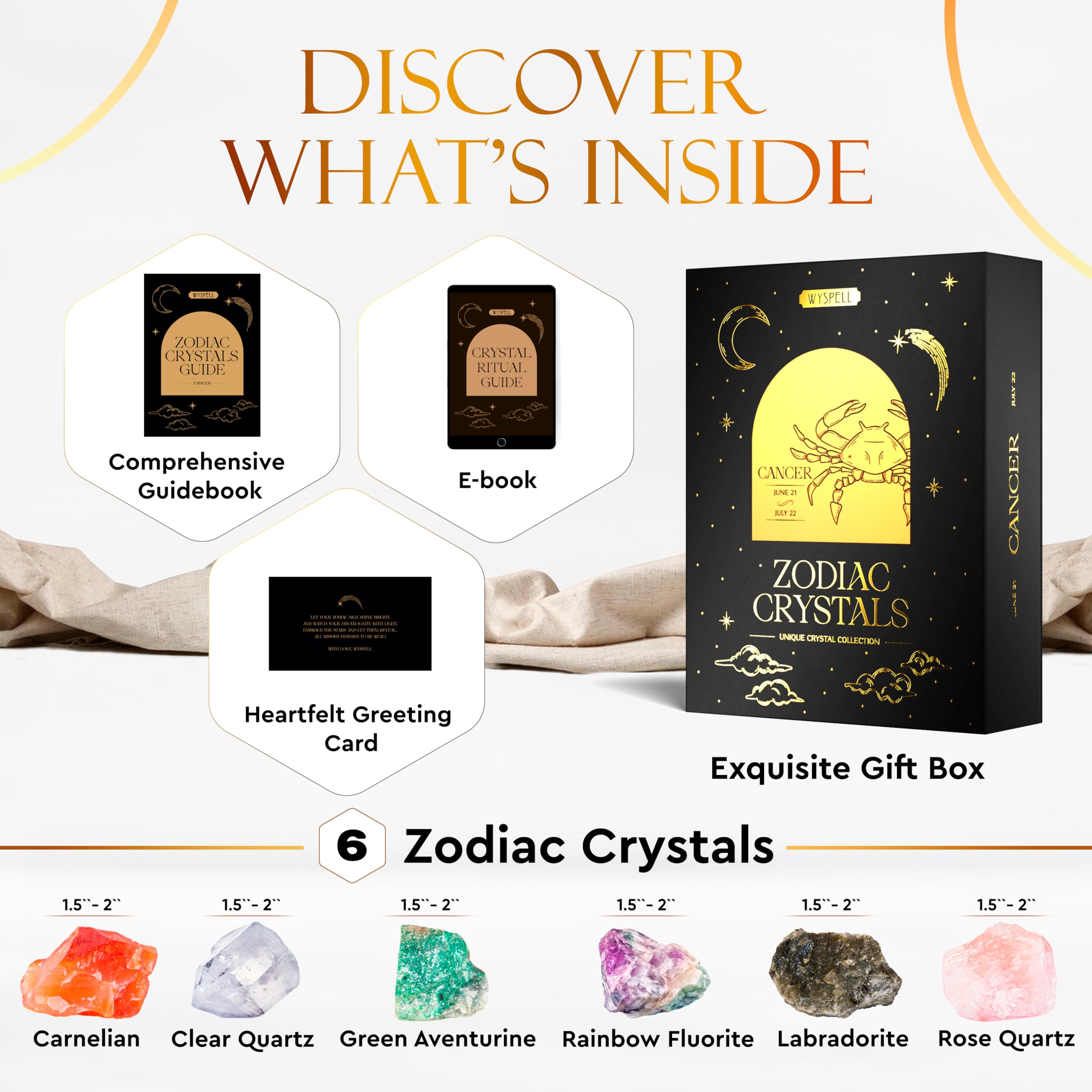 Wyspell Cancer Crystal Set - 6 Raw Cancer Crystals and Healing Stones - Cancer Zodiac Gifts for Women