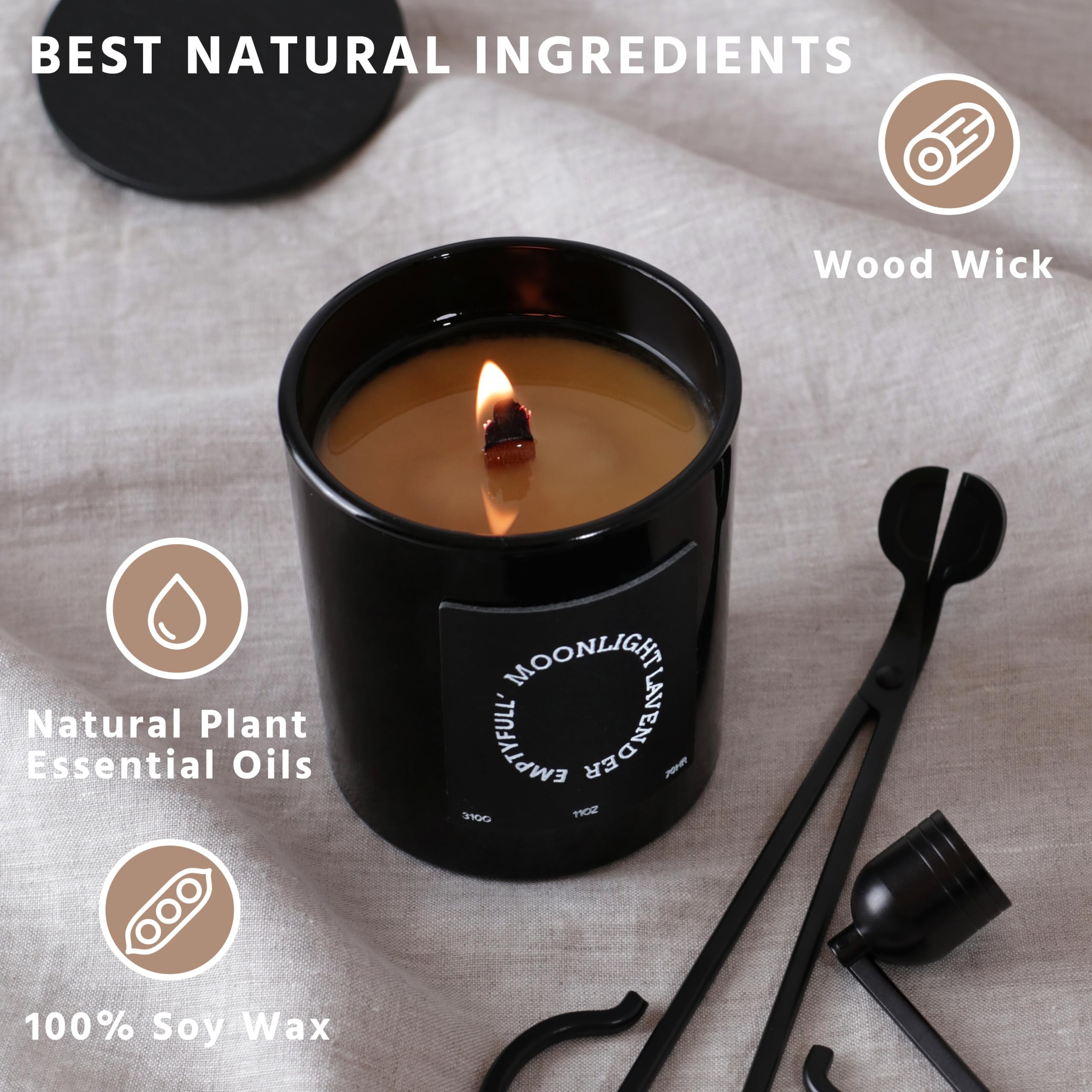 EMPTYFULL Lavender Scented Candles, Wood Wick, 11 oz Large Candle, Natural Soy Candles