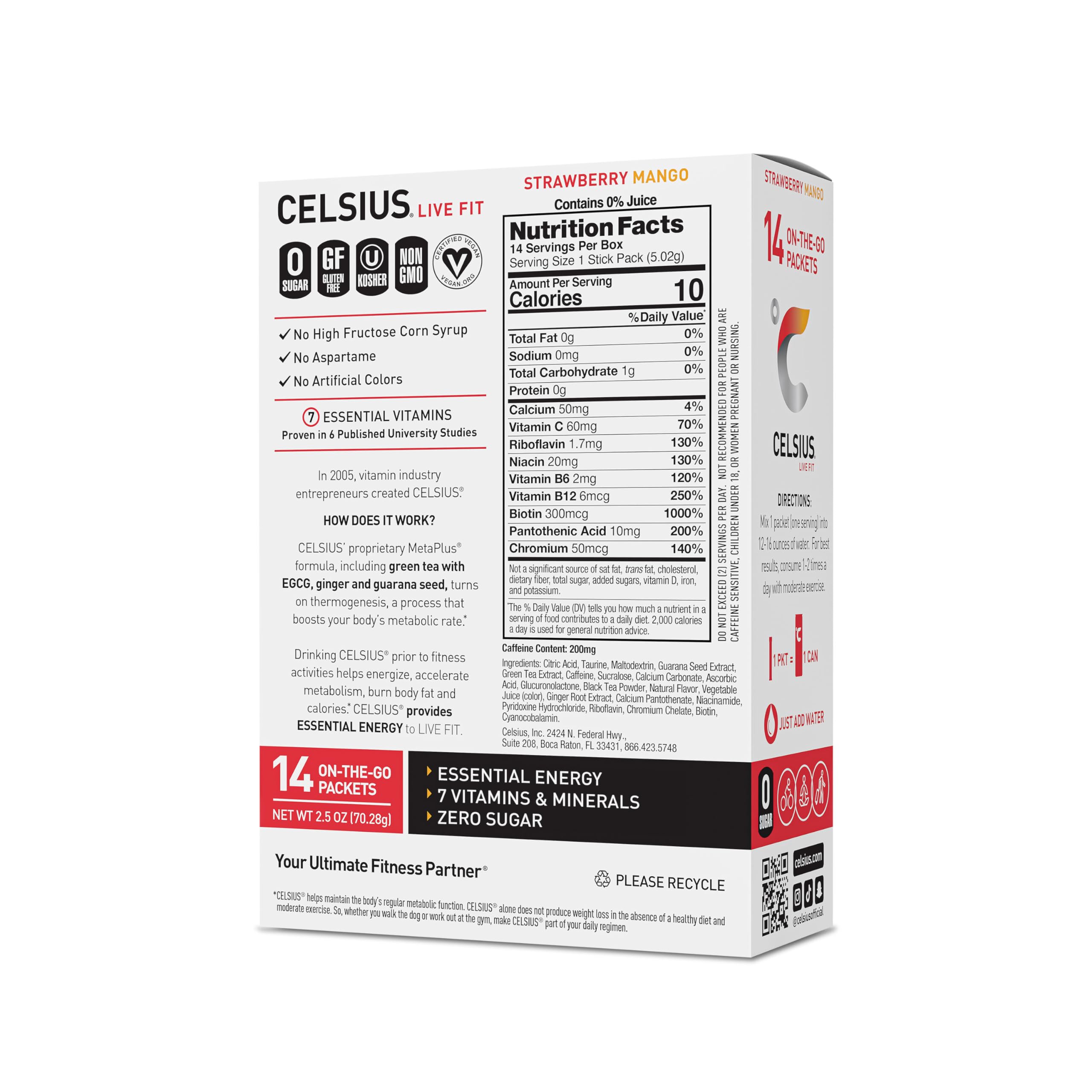 CELSIUS On-the-Go Powder Sticks Strawberry Mango, Essential Energy 14 Sticks per Pack