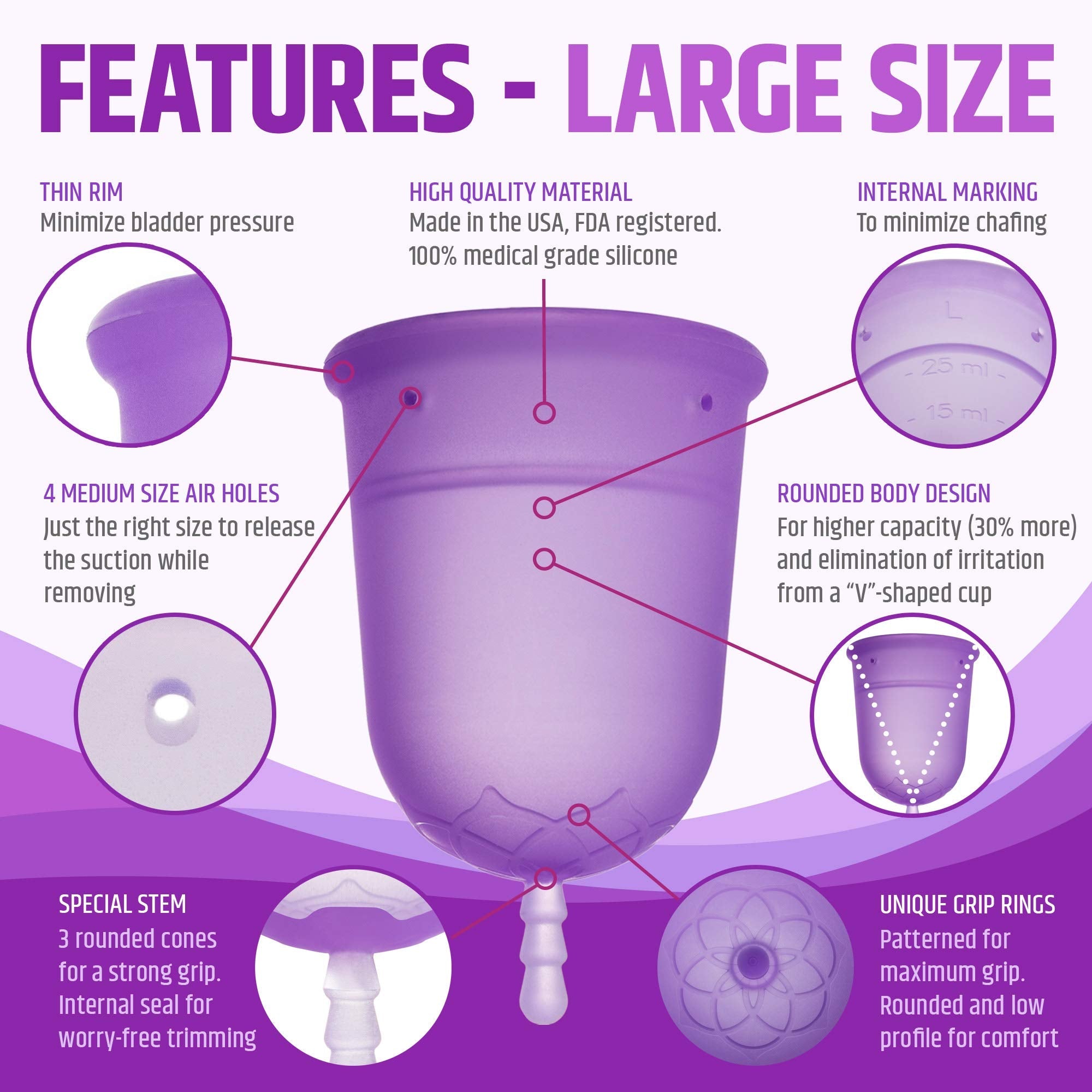 Venus Large Menstrual Cup – High Capacity for Heavy Flow -Made in USA - 100% Medical Grade Silicone