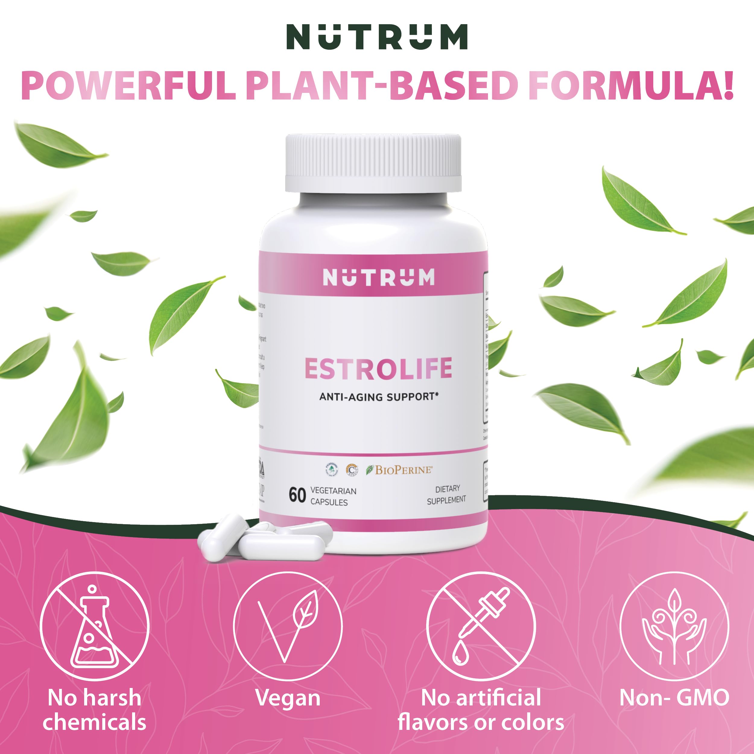 Estrolife Anti-Aging Support for Women by Nutrum, Vegan Supplement for Long Lasting Female Hormonal Balance